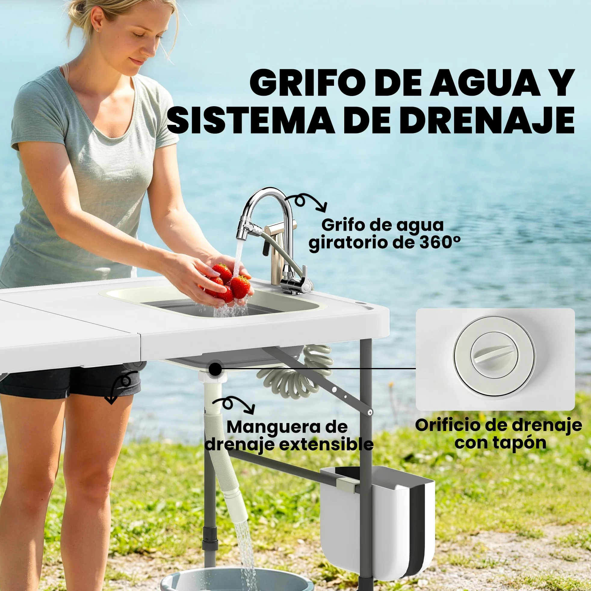 Outsunny Mesa Plegable Camping con Fregadero, Mesa Portátil con Grifo, Altura Regulable, Cubo Plegable, Bolsa de Transporte, Regla, Ranuras para Cuchillos, Mesa Auxiliar Exterior para Jardín Terraza