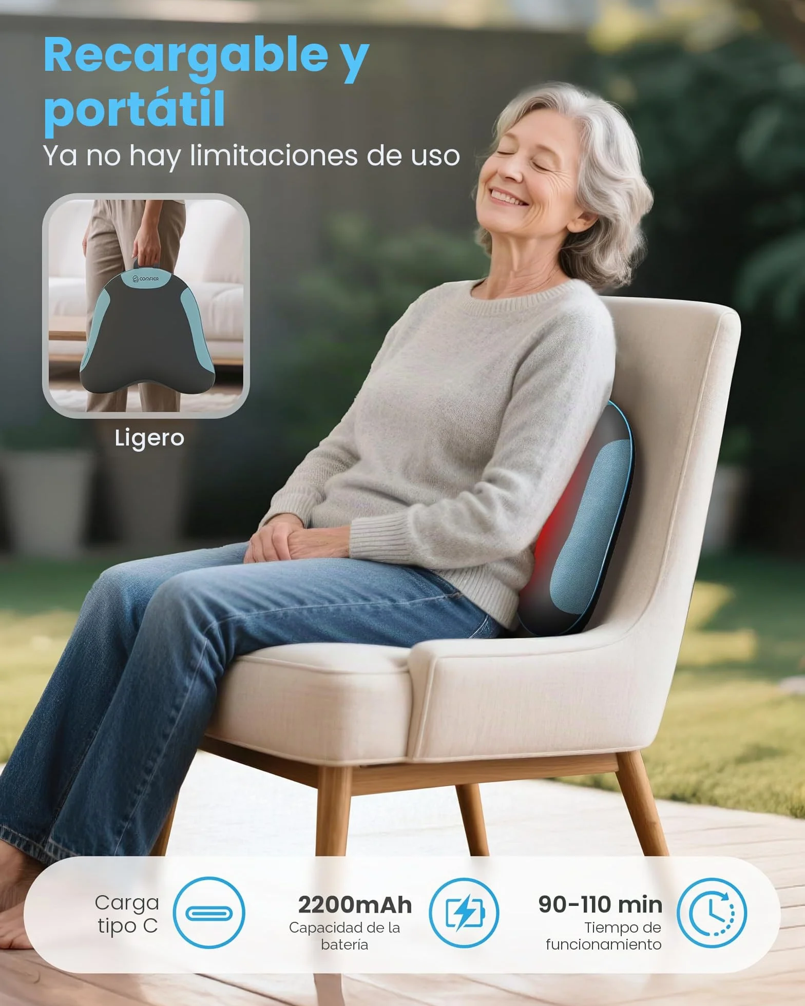 COMFIER Masajeador Cervical y Espalda Inalámbrico con Calor, Cojín de Masaje Shiatsu para Aliviar Dolor de Cuello y Hombros