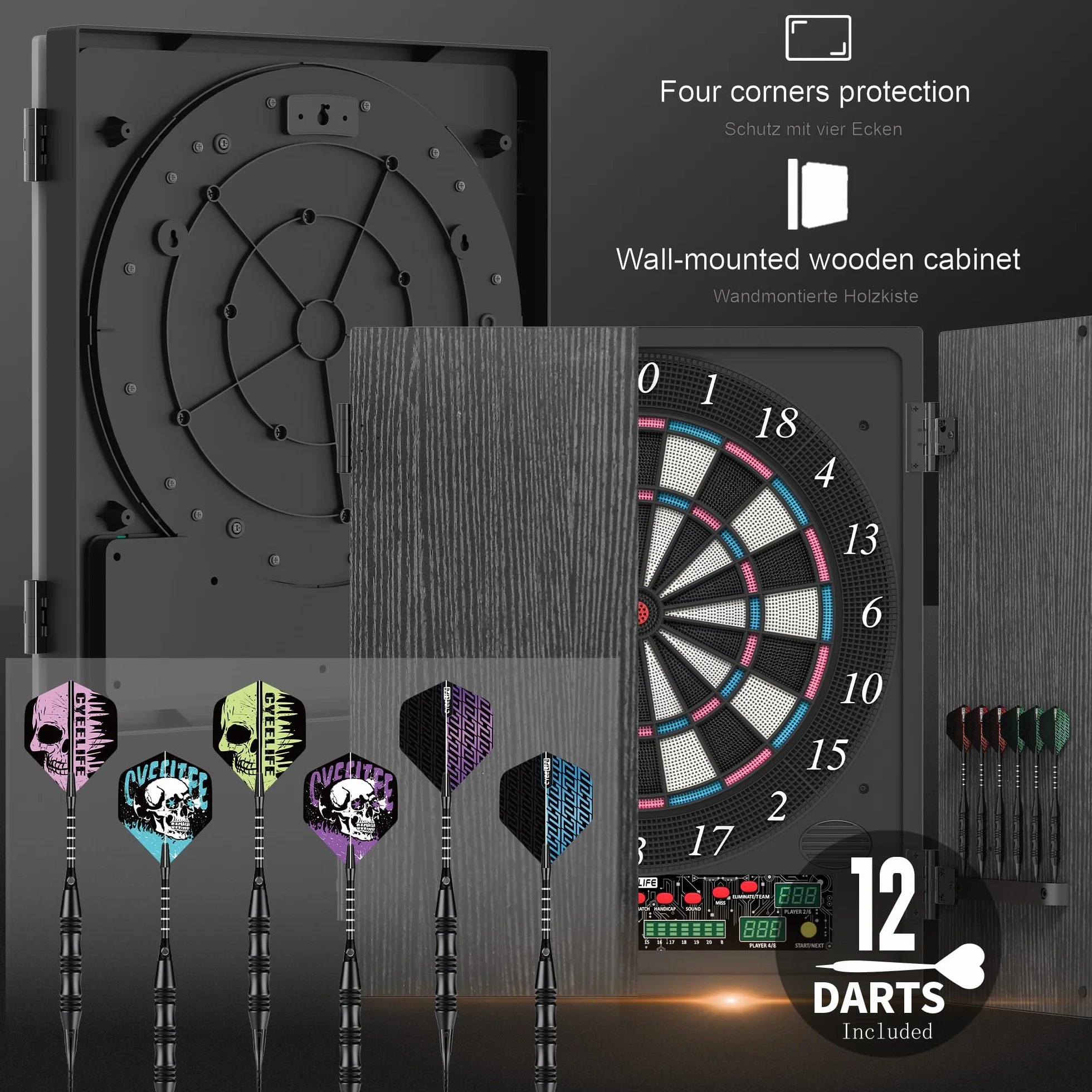 CyeeLife Diana electrónica con gabinete de Madera, Juego de Dardos electrónico, Tablero de Dardos con 34 Juegos y 355 Variantes, Modo para 8 Jugadores, Pantalla LED, Voz Alemana