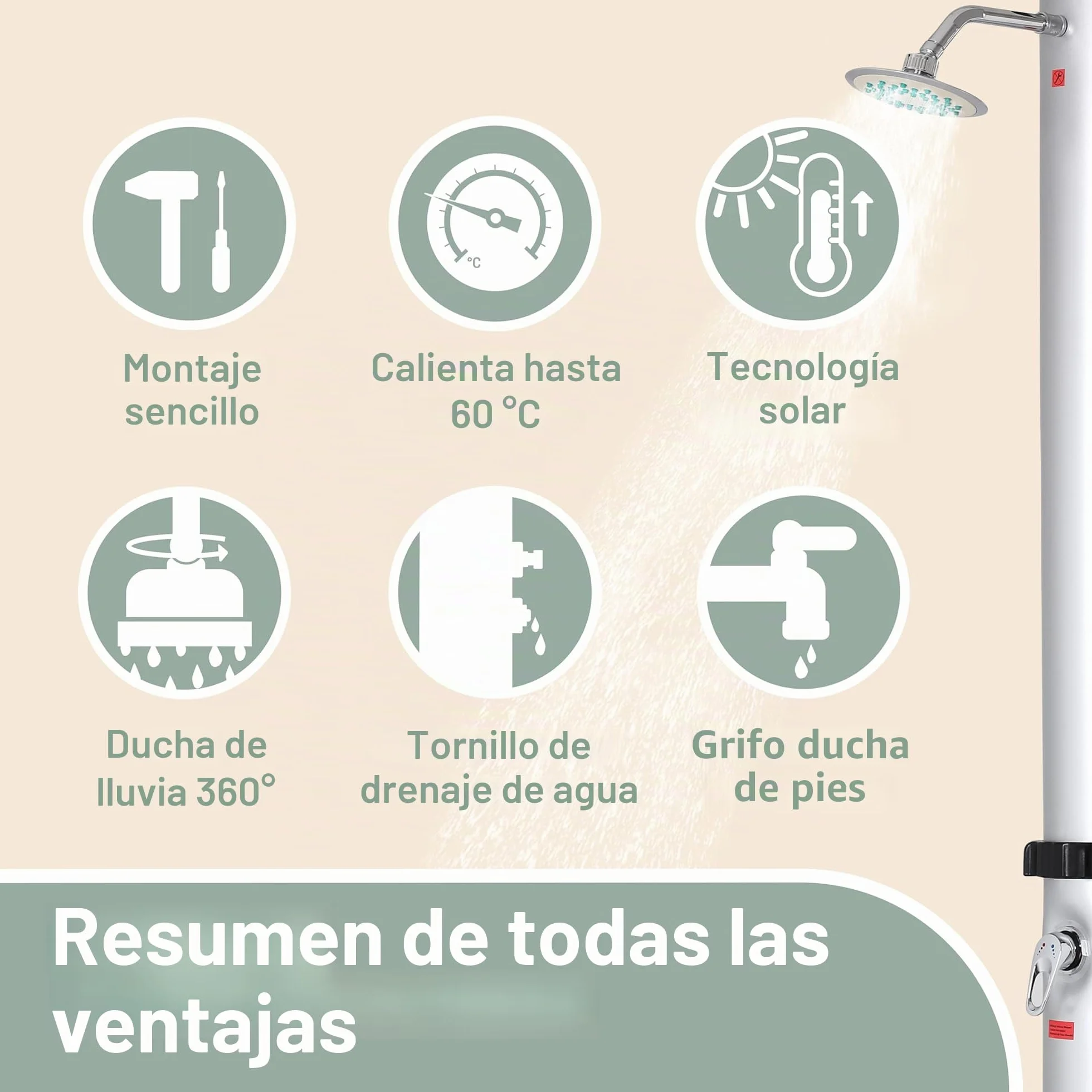 Monzana® Ducha Solar de Jardín 35L 216cm Piscina Cabezal Grande Ducha de Pies Agua Caliente 60°C