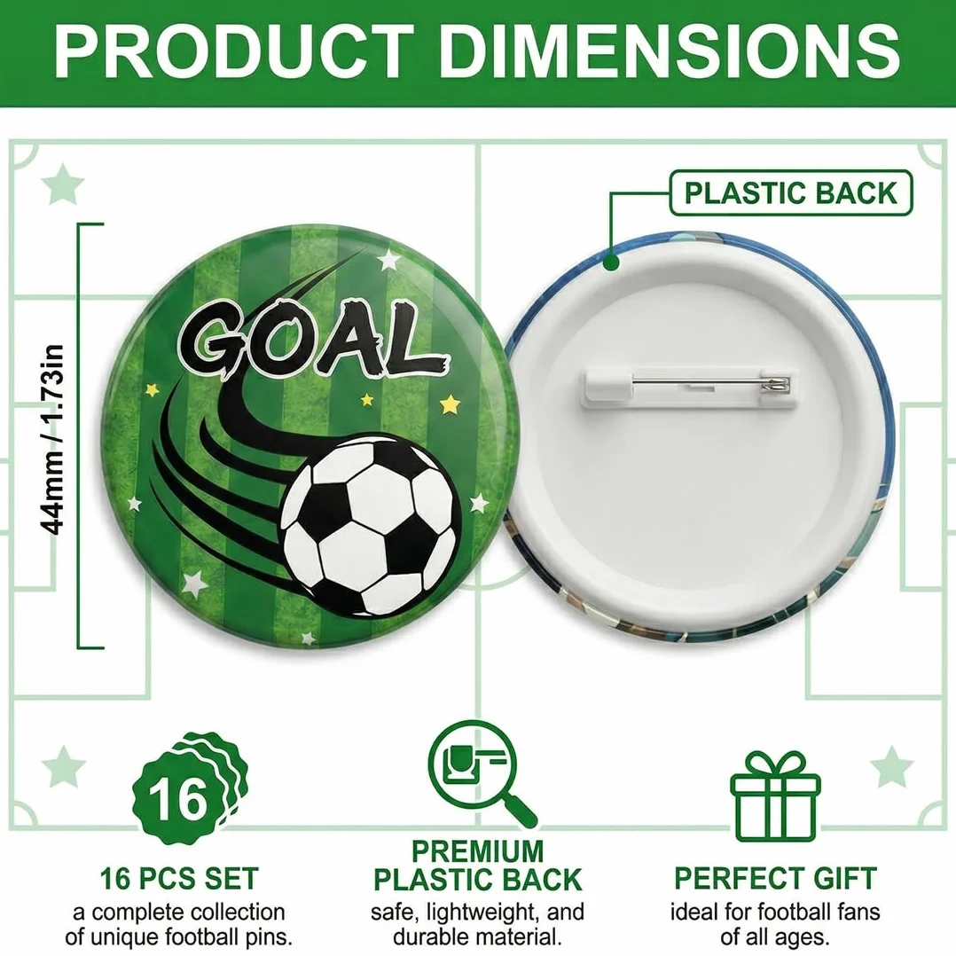 Pins e Insignias de Fútbol 16 Unidades, Conmemorativas del Mundial. Regalo Ideal para Fiestas Temáticas, Cumpleaños, Obsequios para Niños y Aficionados.