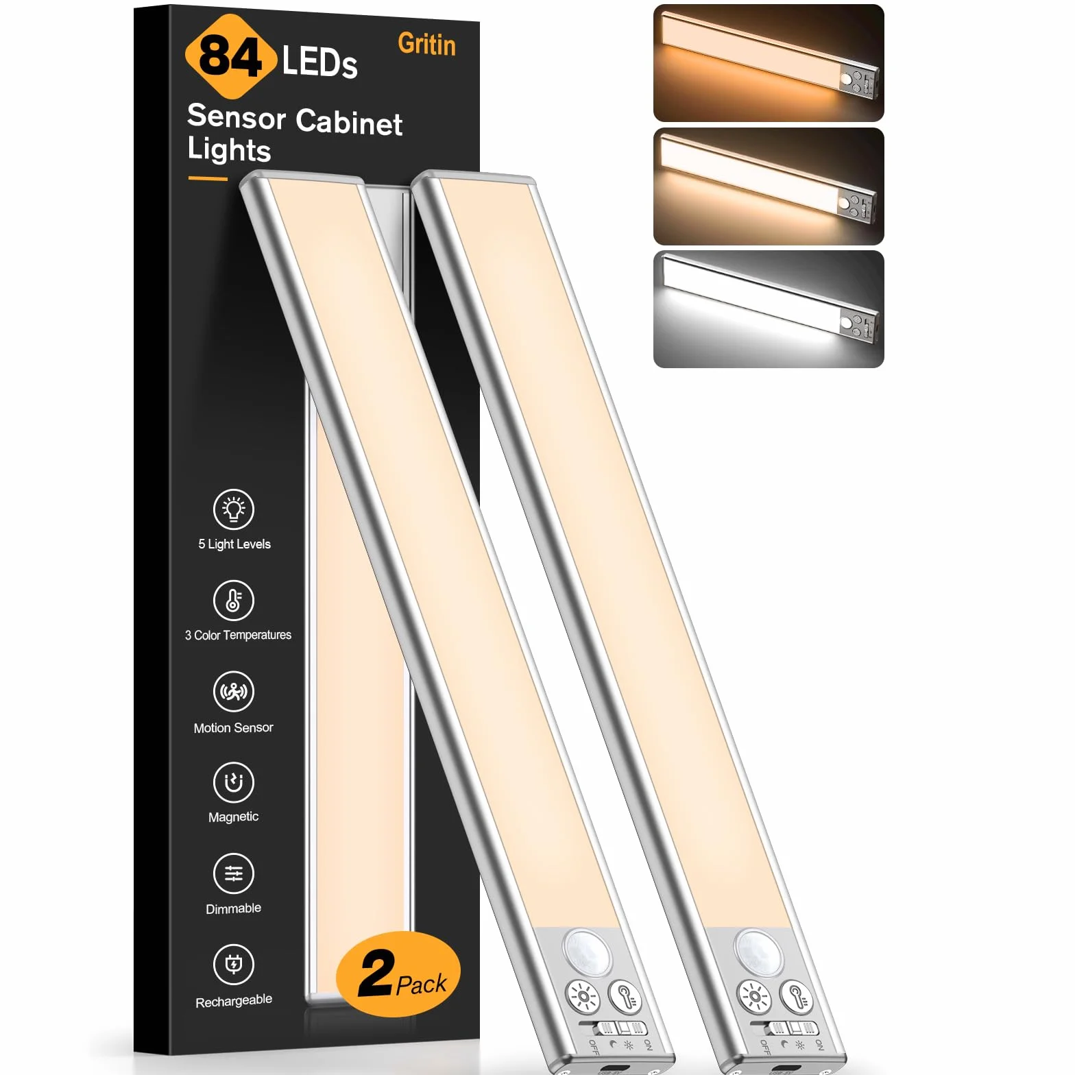 Gritin Luz de Armario Recargable 26CM Superbrillantes Luces Cocina 3 Colores 5 Niveles de Brillo Sensor Movimiento 2 Pack