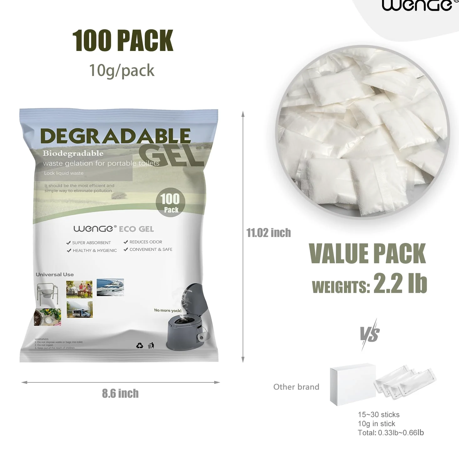 Wenge Gel de caca para inodoro portátil para camping, paquete de 100 unidades de orina súper absorbente, solidificante, polvo desodorizante y gelificante de residuos líquidos, gel ecológico para