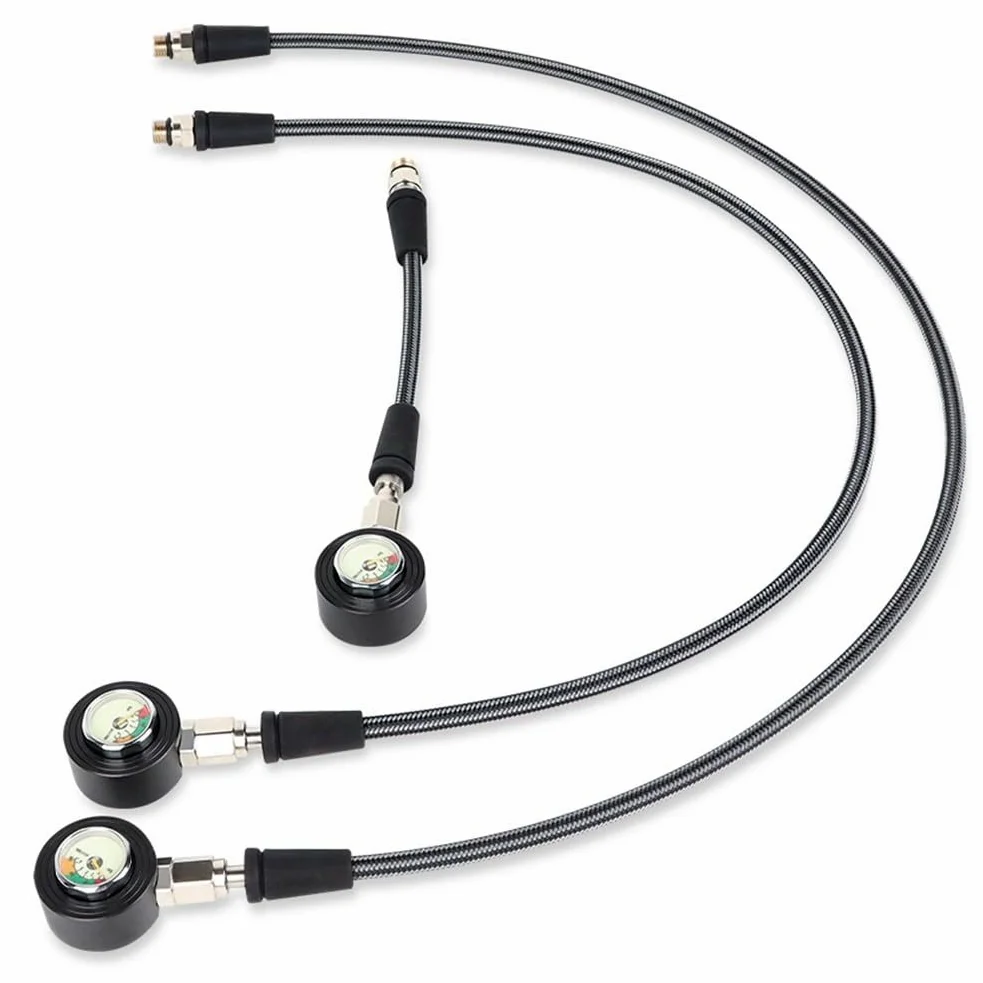 Manguera luminosa de alta presión de fibra de carbono, clasificación de 300 bares, giro de 360°, rosca 7/16-20UNF compatible con tanques