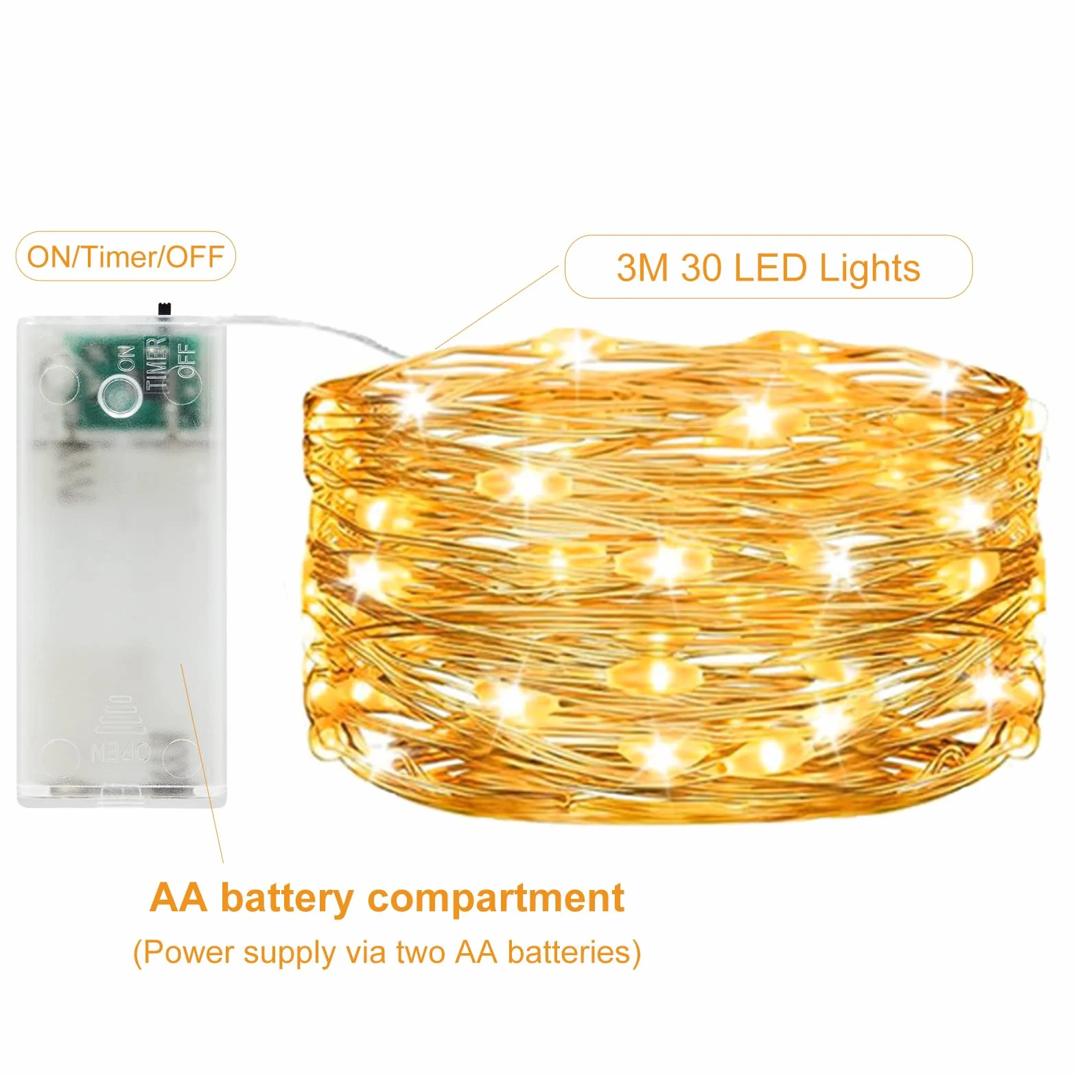 Guirnalda luces LED pilas 3M 30 LED micro alambre de cobre blanco cálido decoración interior