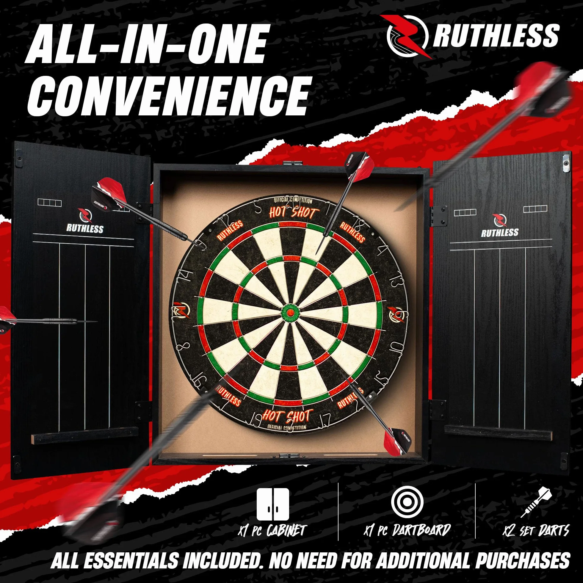 Ruthless Centro de dardos para el hogar, opciones de luz LED, centro de tablero de dardos para el hogar, incluye gabinete, diana y 2 juegos de dardos (USB)