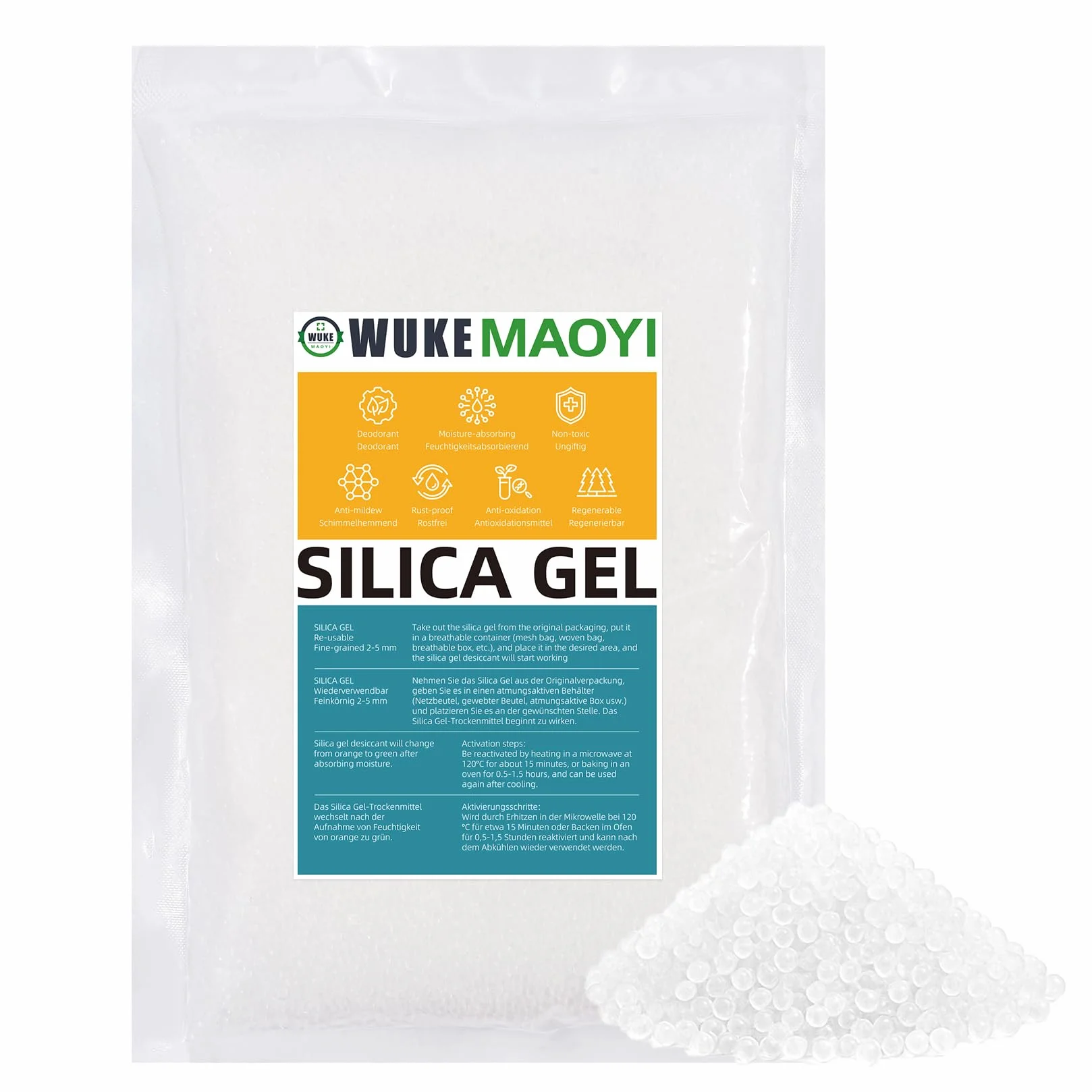 900g Silica Gel Reutilizable, Gel de Sílice, Perlas Desecantes con Indicador de Humedad de Color Naranja a Verde