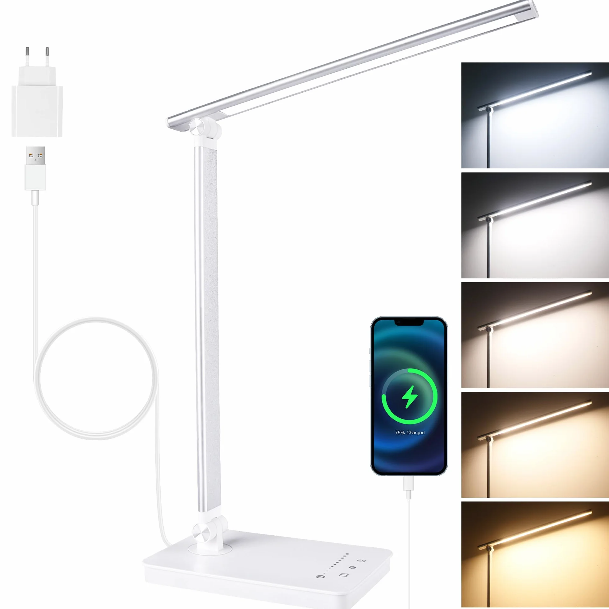 Lámpara Escritorio LED con Puerto USB C, 5 Colores 10 Brillos, Temporizador 45Min, Flexo Plegable, Control Táctil, Blanco