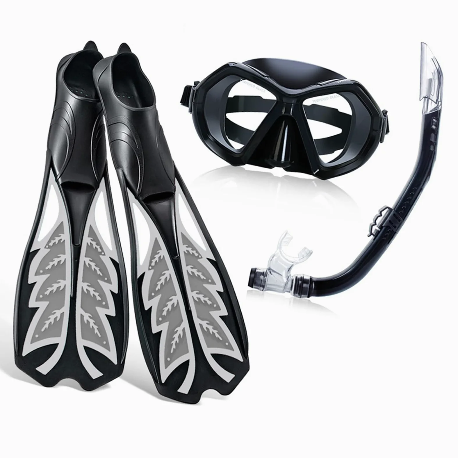 Keenso Equipo de Snorkel para Adultos, Juego de Snorkel para Adultos PP TPR con Máscara de Lente Transparente, Semi Seco y Aletas de Buceo, Equipo de Buceo de 3 Piezas para Natación y