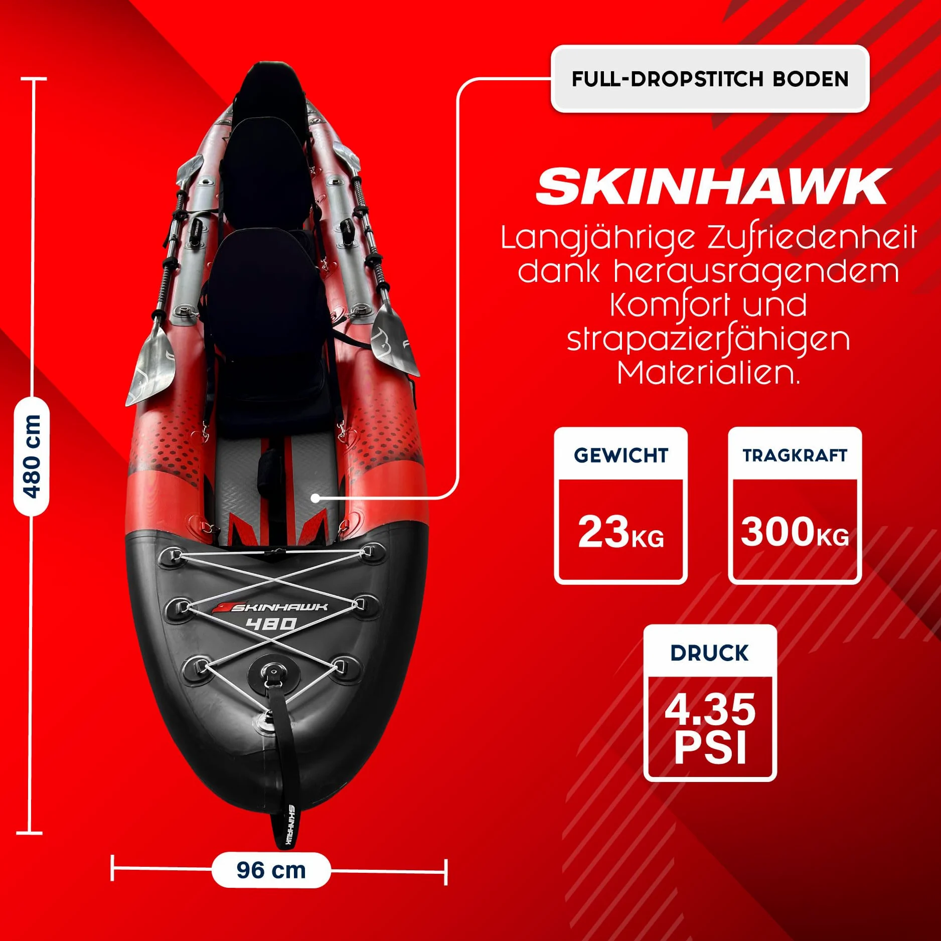 SKINHAWK Exclusivo juego de kayak rojo 480 – bote inflable – canoa – 480 x 96 cm – kayak para 3 personas