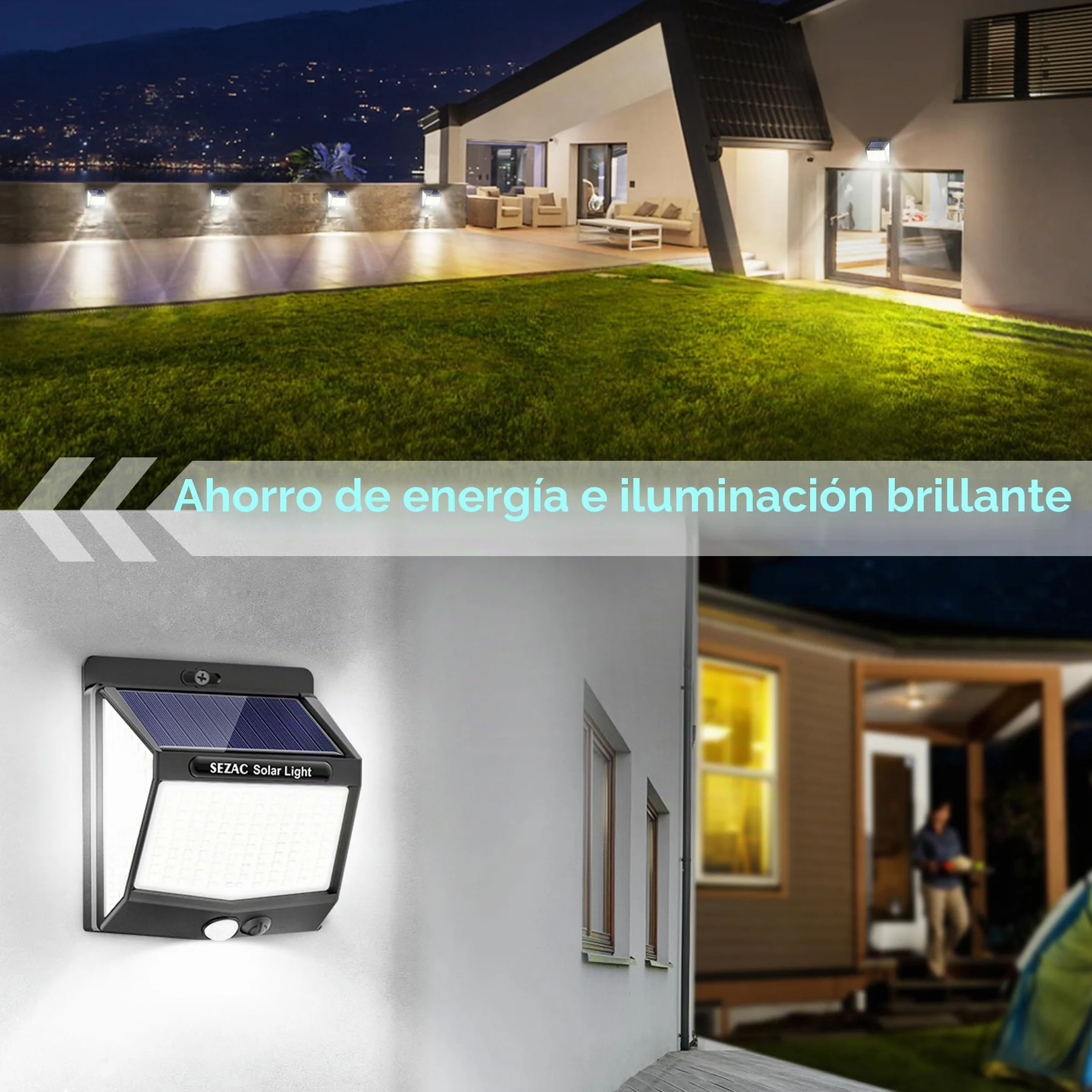 Luz Solar Exterior SEZAC 6 Paquete 270° Súper Brillante Focos Led con Sensor de Movimiento IP65