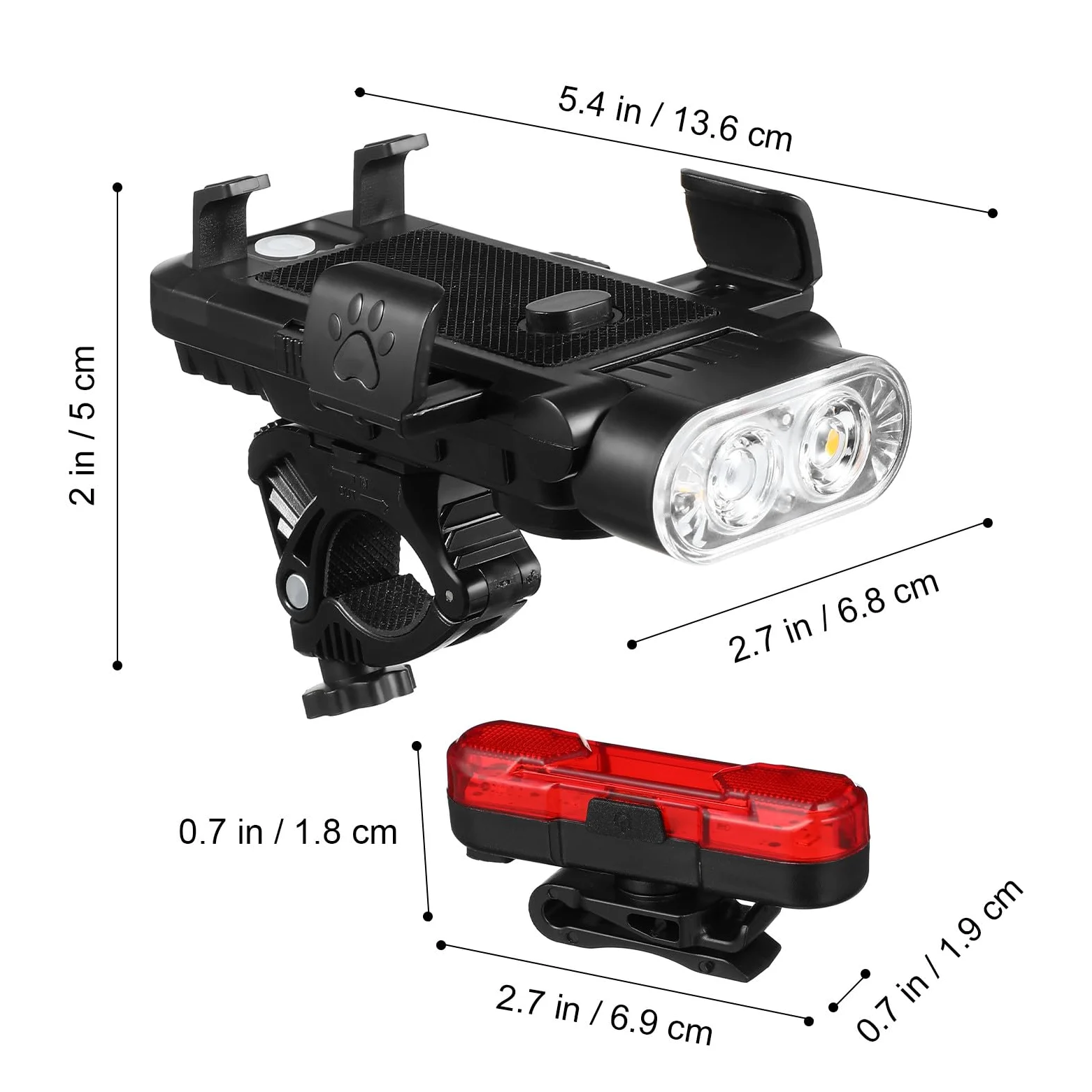 SECFOU Juego de Luces para Bicicleta de Montaña Faro Delantero Recargable USB, Luz Trasera, Soporte Ajustable para Teléfono de 4,5 a 6,5 Pulgadas y Batería Externa de 4000 Mah