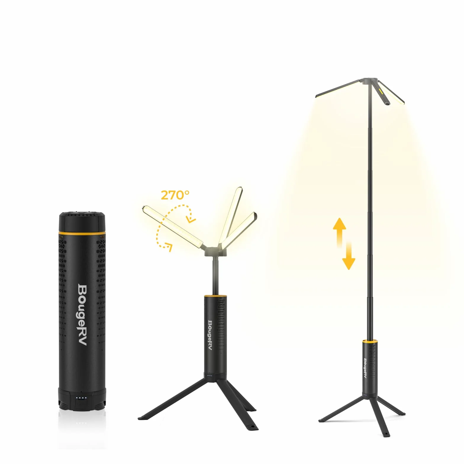 BougeRV T1 - Lámpara de camping recargable (15600 mAh, 3000 LM, linterna telescópica 1,68 m, altura y ángulo ajustables, carga rápida 2,5 h, impermeable IPX5, iluminación para camping, astillero