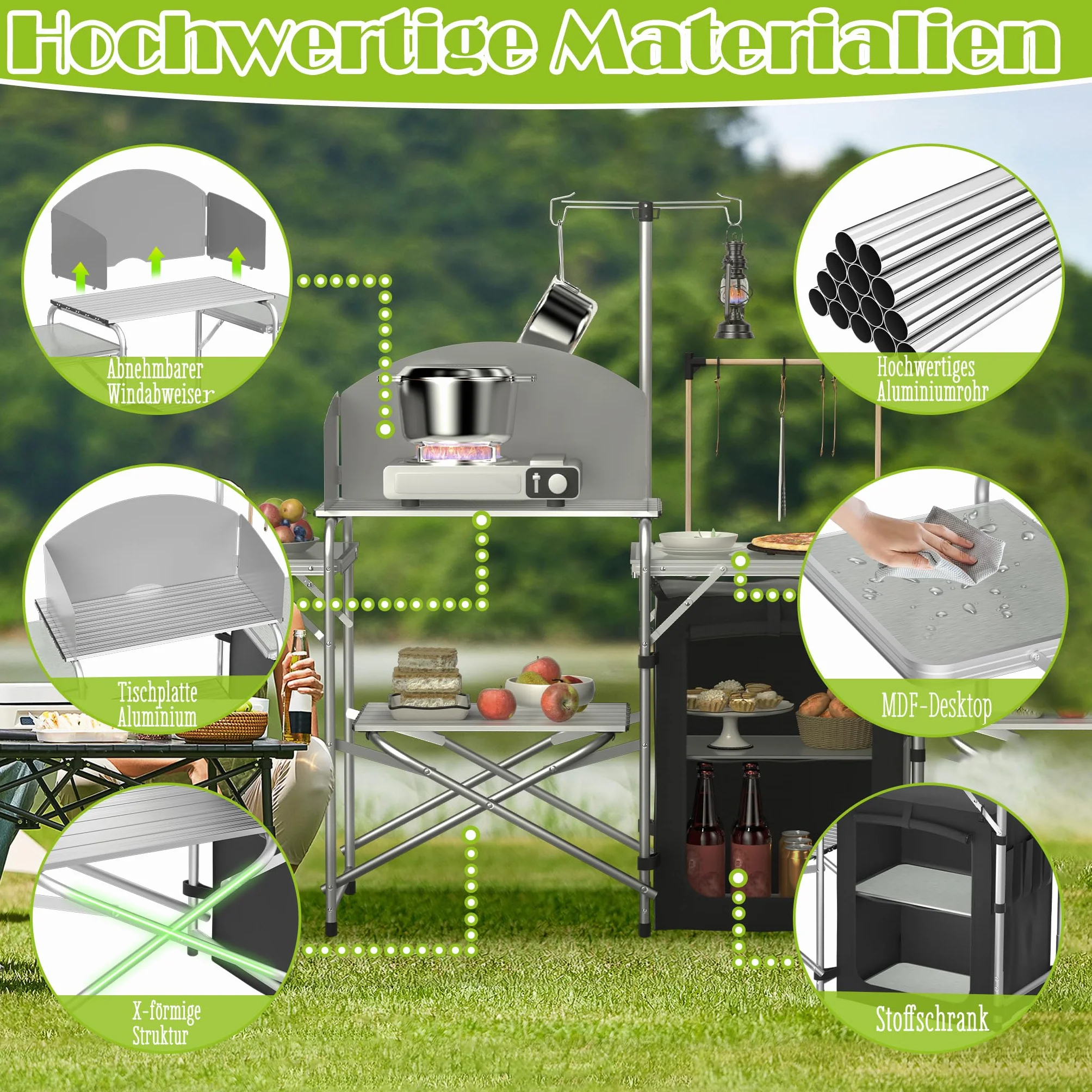 FIVMEN Cocina de camping plegable para camping, armario de aluminio con 3 encimeras, armario, soporte para luz y 4 ganchos, armario de cocina para exteriores