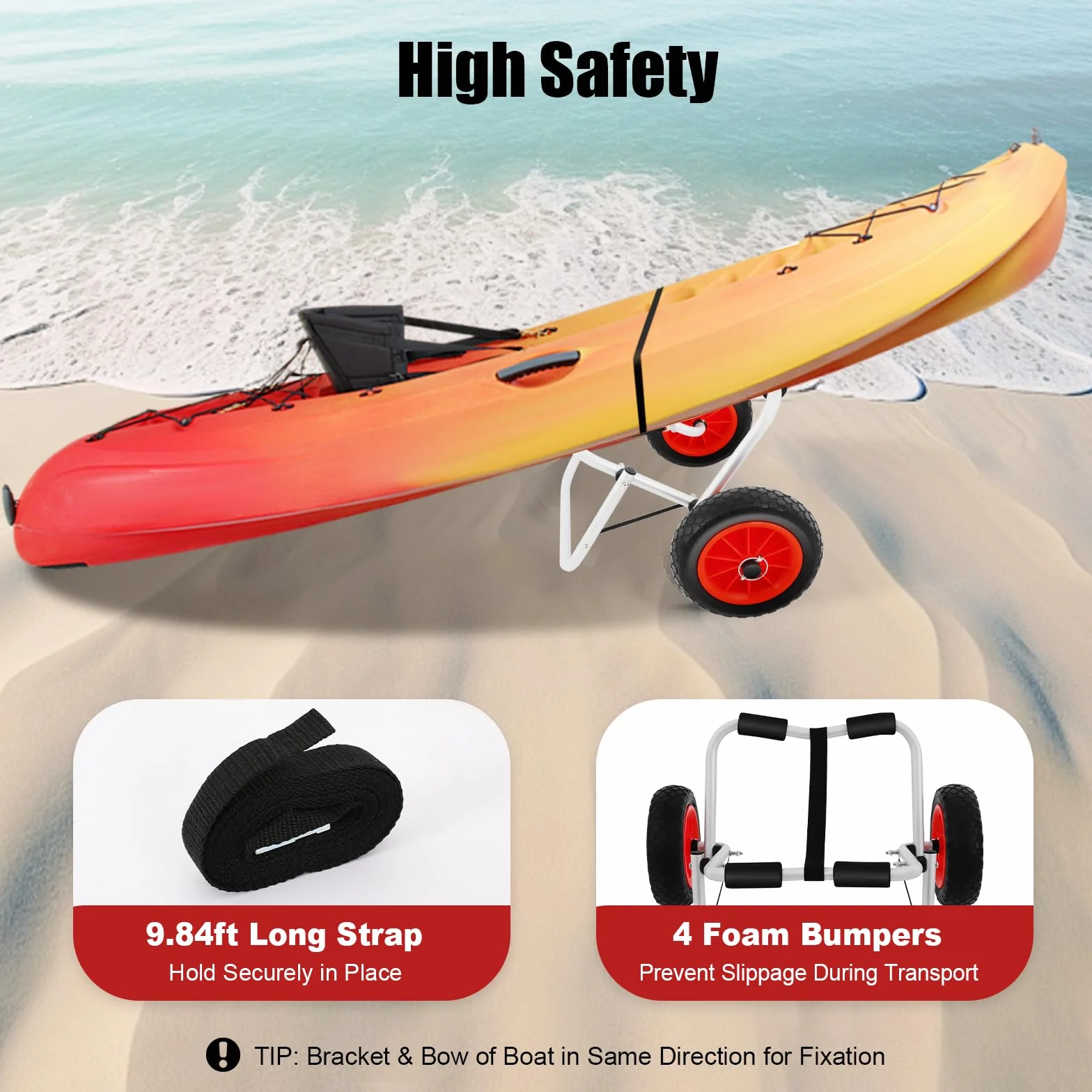 SUP - Carro de transporte para kayak, para playa, remo, ruedas de poliuretano de 10 pulgadas, plegable y desmontable, hasta 80 kg