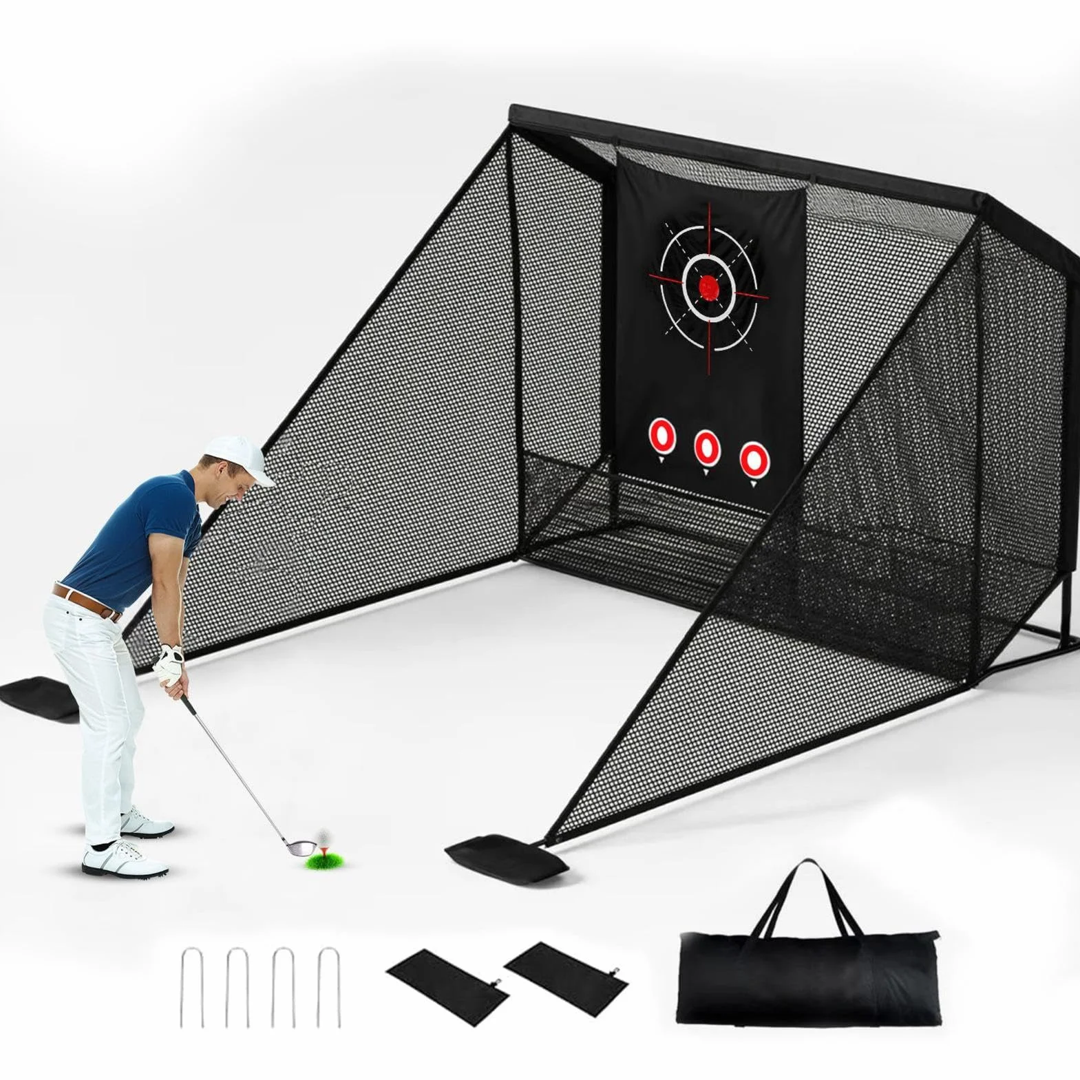 Red de golf, red de entrenamiento portátil con barreras laterales/retorno automático de la pelota, red de golf con dos paños de objetivo, una bolsa de transporte y cuatro anclajes de suelo
