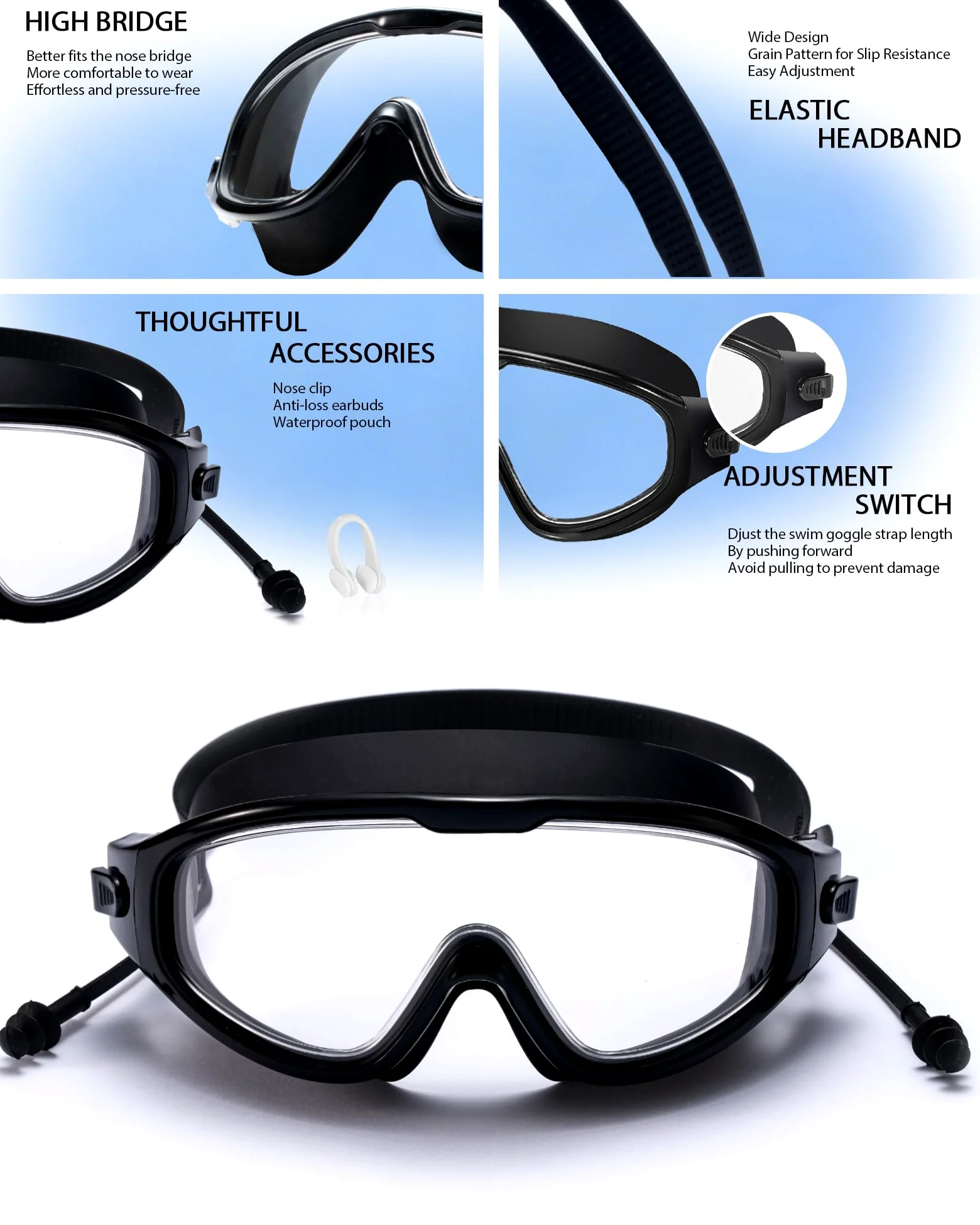 Gafas de natación, visión amplia, visión clara, gafas de natación para adultos, protección UV antivaho, sin fugas, gafas de piscina