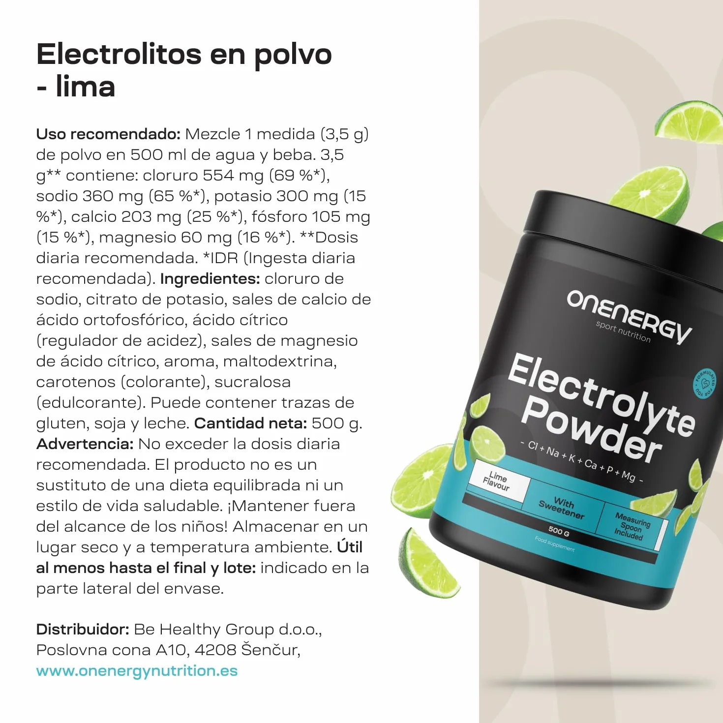 Electrolitos en polvo Lima 500 g 142 dosis Mezcla de 6 minerales Hidratación Apoyo muscular y nervioso