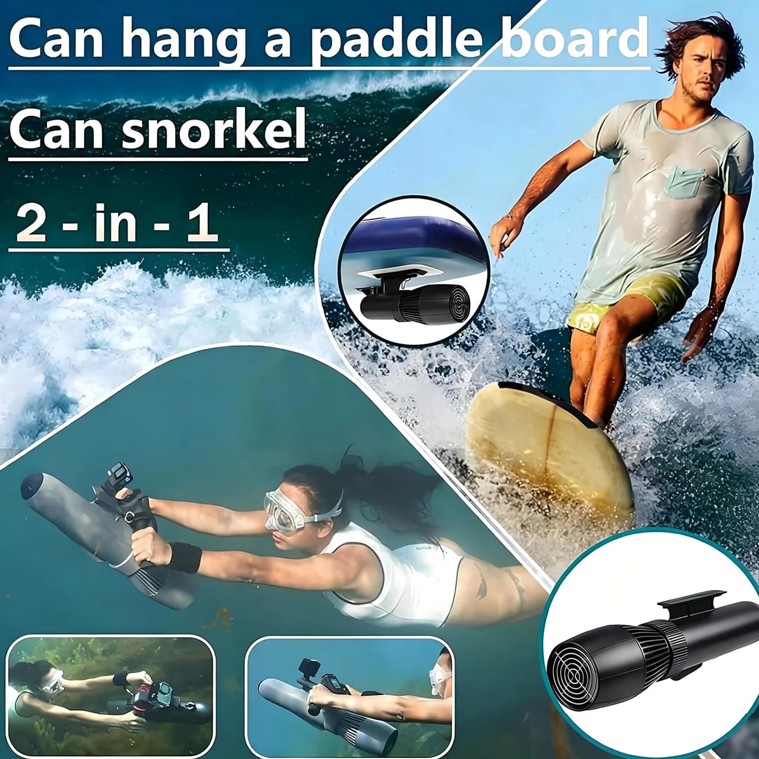 Scooter Subacuático Eléctrico, Scooter de Buceo 9 Velocidades | Autonomía 50 Min, Velocidad 7km/h, Profundidad 40m, Accesorios Paddle, Motor SUP para Buceo, Snorkel y Kayak