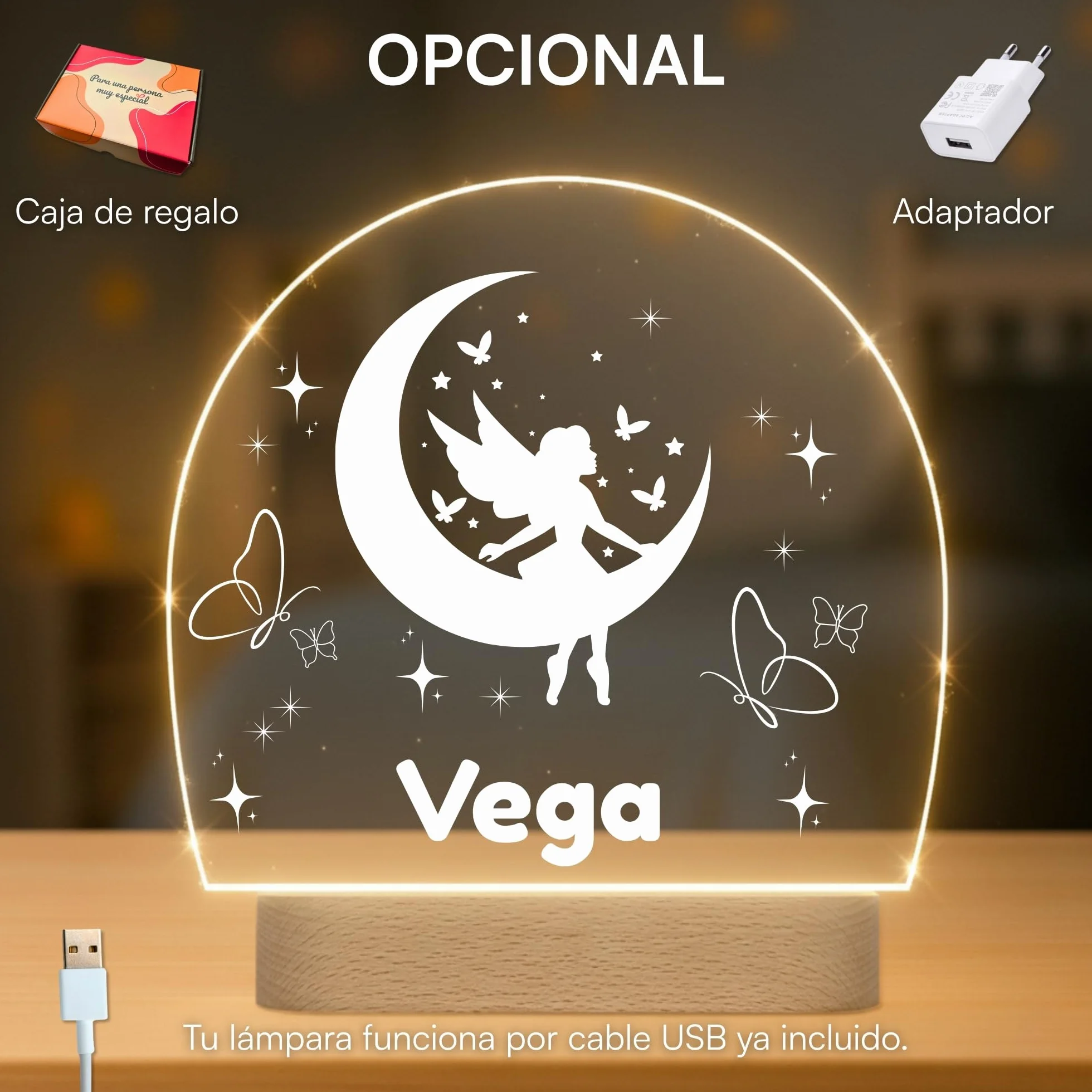 Lámpara Infantil Personalizada LED Quitamiedos con Nombre - Luz para Habitación Bebé - Regalo Original Nacimiento Bautizo Cumpleaños