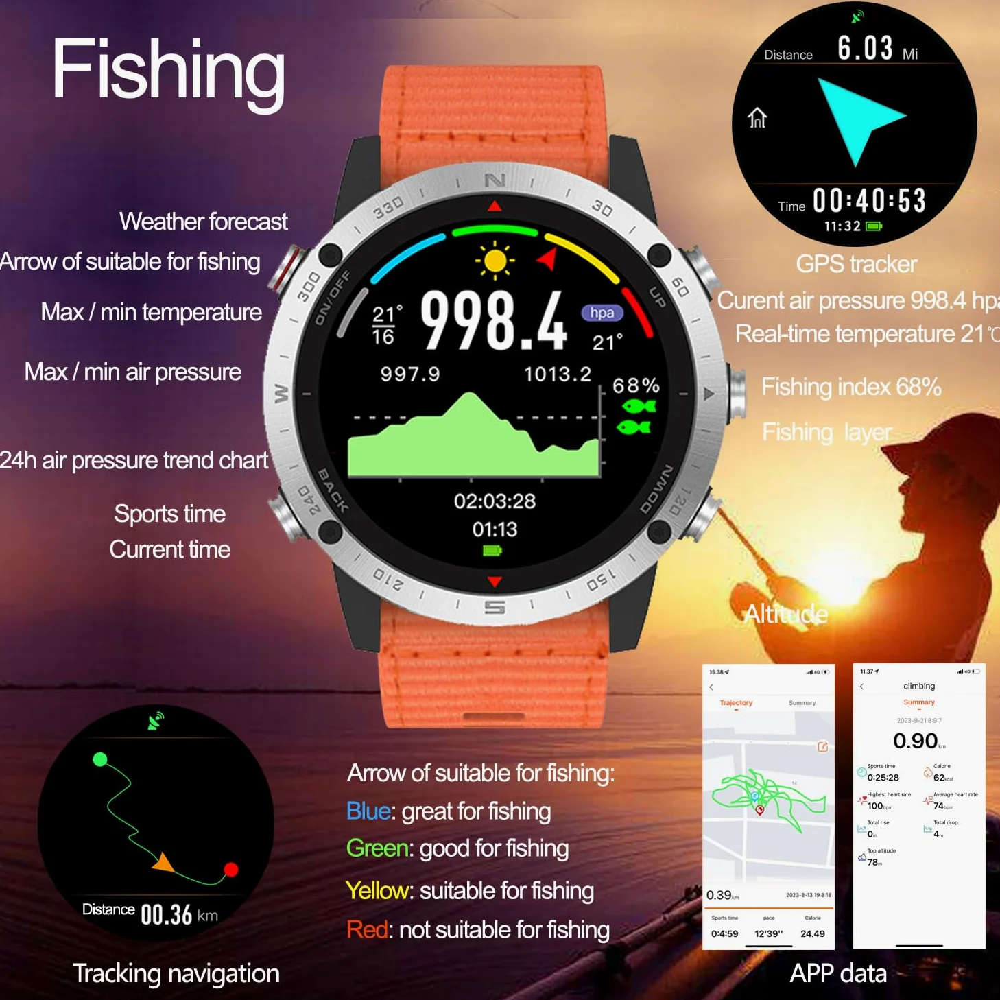 SUNROAD Reloj deportivo GPS con navegación, rastreador de fitness, correr, natación, ciclismo, altímetro, barómetro, brújula, esnórquel, buceo, pesca, reloj de pulsera digital de moda