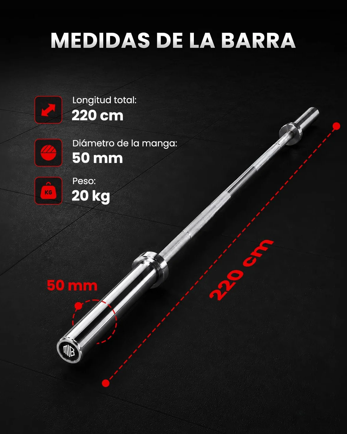 ManiBoom Barra olimpica 20kg, 220 cm para Discos y Pesas de Ø50mm - Barra de MUSCULACION para Press Banca, Halterofilia Crossfit - Barra Olímpica Carga máxima de 230kg para Gimnasio o Casa