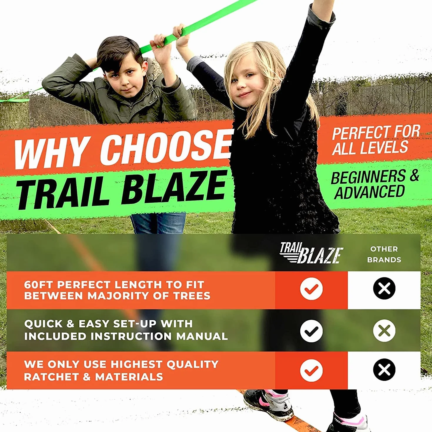 Slackline - Kit Completo para Principiantes, Correa de Aprendizaje Protectores, Bolsa de Transporte, última tecnología de trinquete y Mango ergonómicos, Actividad al Aire Libre