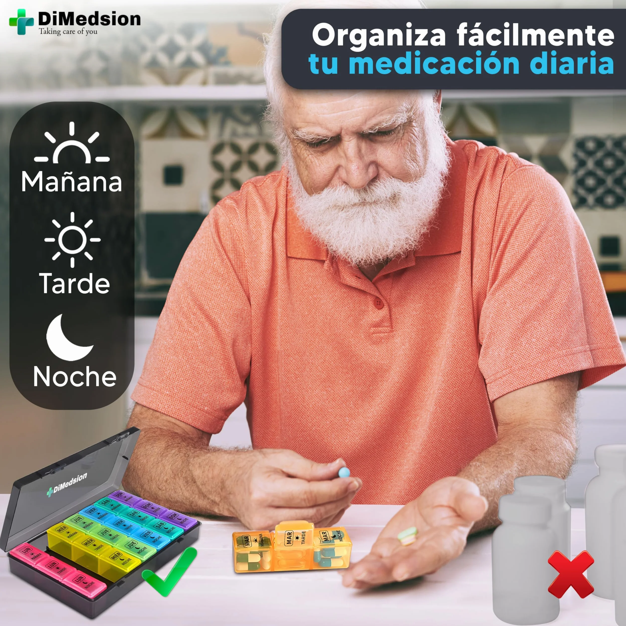 Pastillero Semanal 3 Tomas con Cortador y Organizador Medicamentos Negro