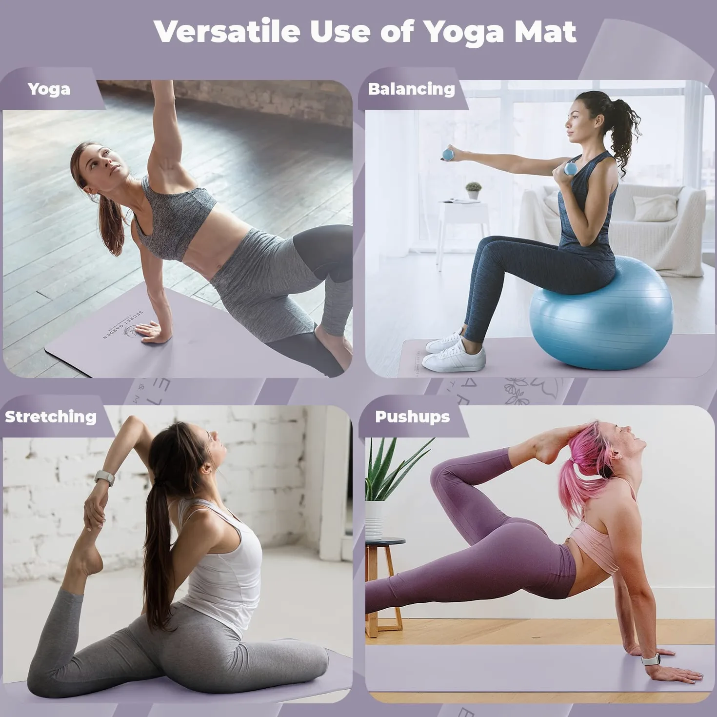 Esterilla de yoga antideslizante – Esterilla de ejercicio de doble capa para pilates, meditación, ejercicio – 5 mm de grosor para amortiguación y apoyo – lavanda