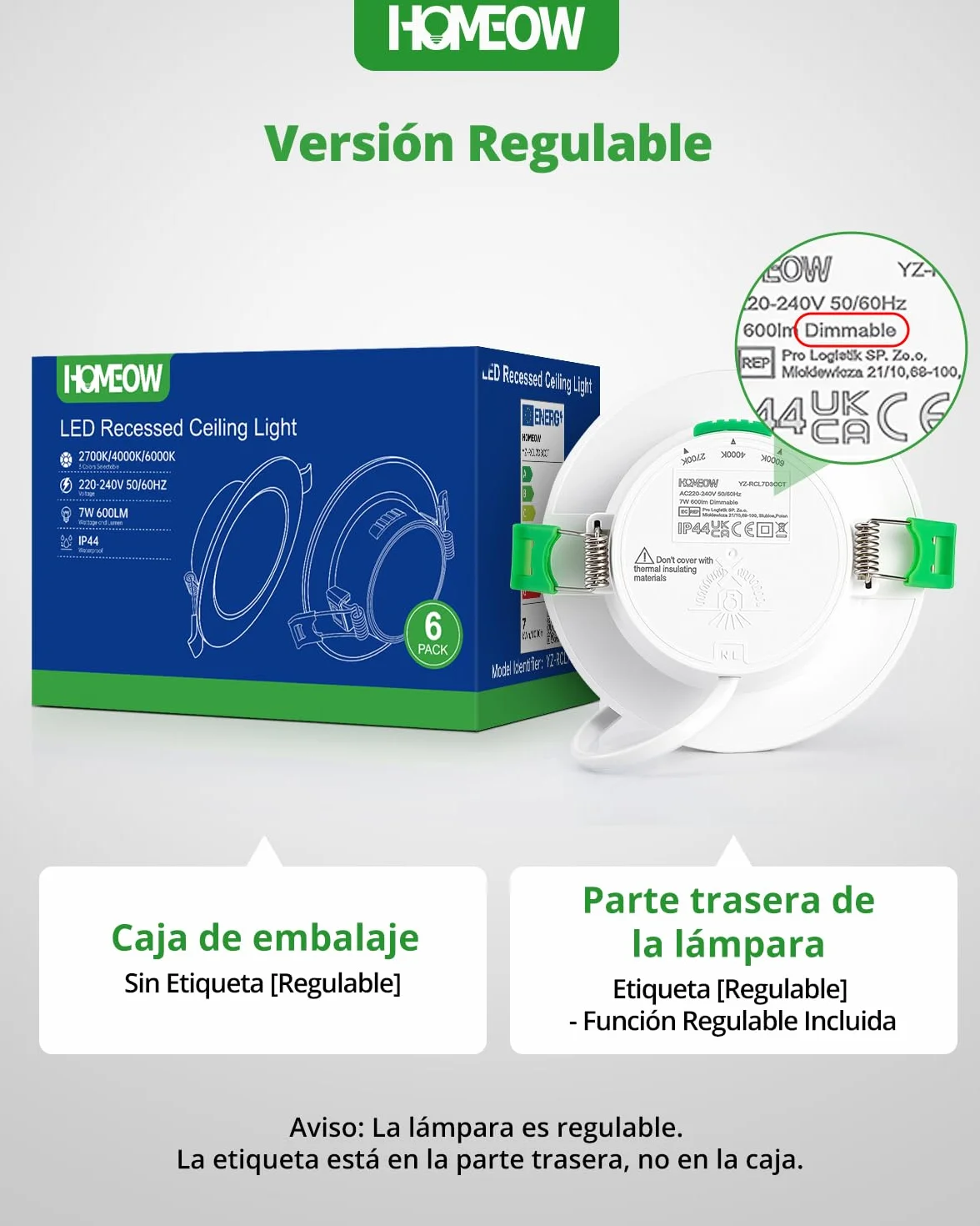 HOMEOW Downlight LED Techo Empotrable Regulable 7W 220V 3CCT IP44 Focos LED Interior Baño