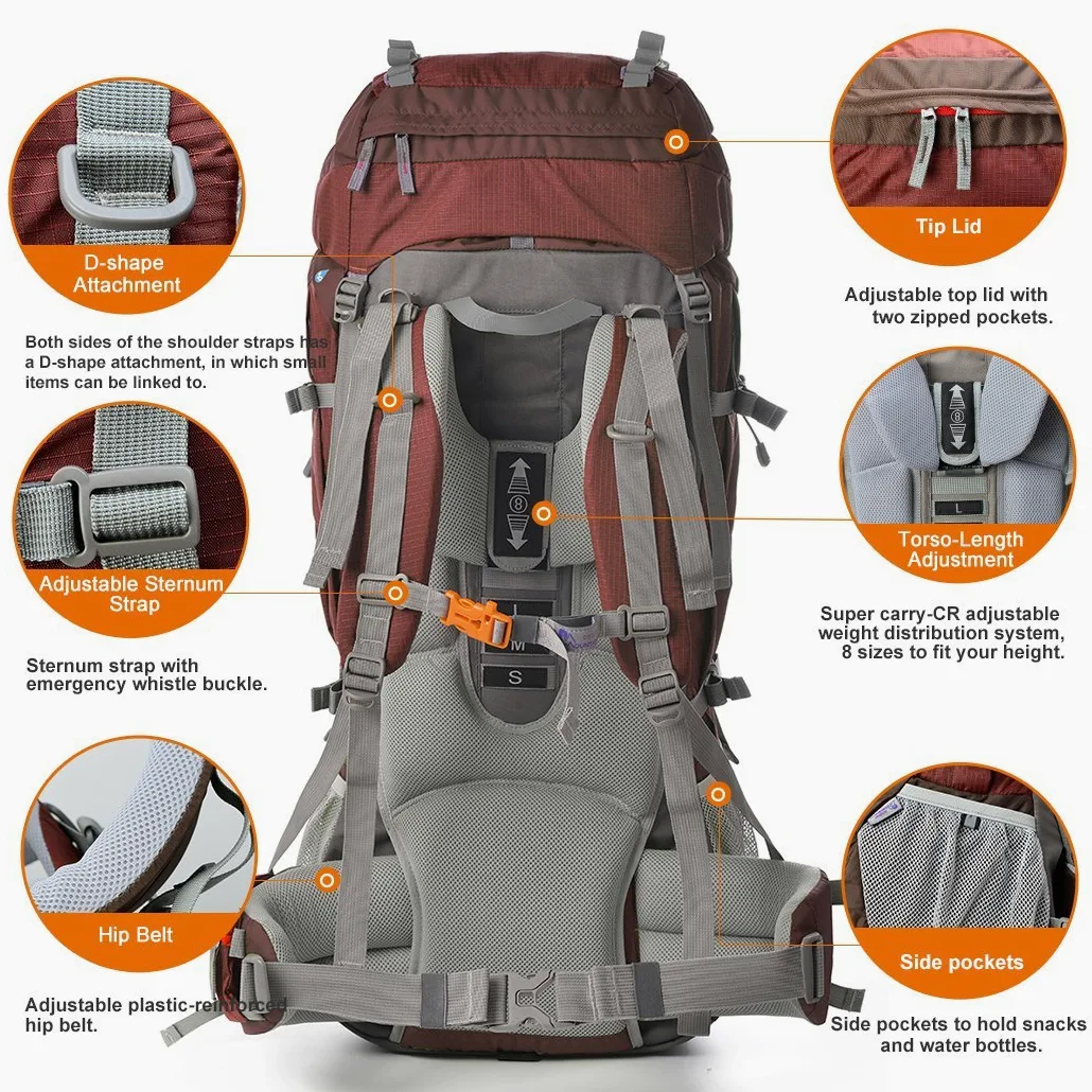 MOUNTAINTOP 80L Mochila Senderismo Trekking Montaña Hombre Mujer | Diseñada para trekking y expediciones, cremalleras YKK, funda de lluvia, soporte lumbar reforzado cinturón acolchado