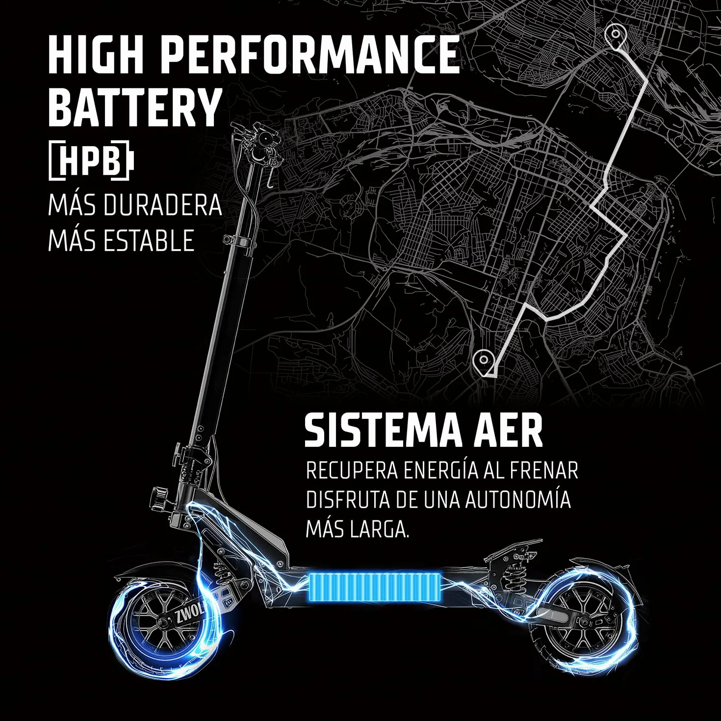 ZWHEEL ZWOLF | Patinete Eléctrico Adultos Homologado DGT - 500W-1000W MAX, 50-70km Autonomía, Geolocalización, Suspensión Híbrida Ajustable, Frenos Regeneradores AER - Ruedas 10" Offroad