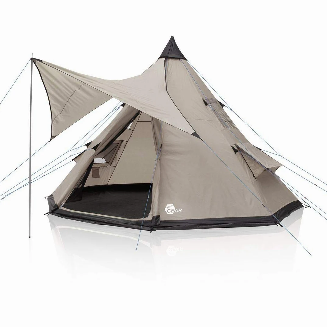 your GEAR Tienda Numana 400 Tienda tipi Familiar 4-6 Personas toldo para el Sol Altura de la Cabeza lámina Cosida para el Suelo Impermeable 5000 mm Gris Beige