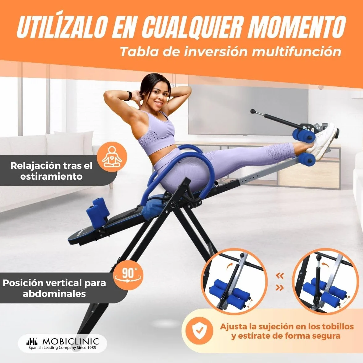 Mobiclinic® fitness, Tabla de inversión, Plegable, Inclinación 180º, Hasta 120 kg, Regulable, Cojín lumbar y reposacabezas, Cuatro sistemas seguridad, Estiramientos abdominales, Acero