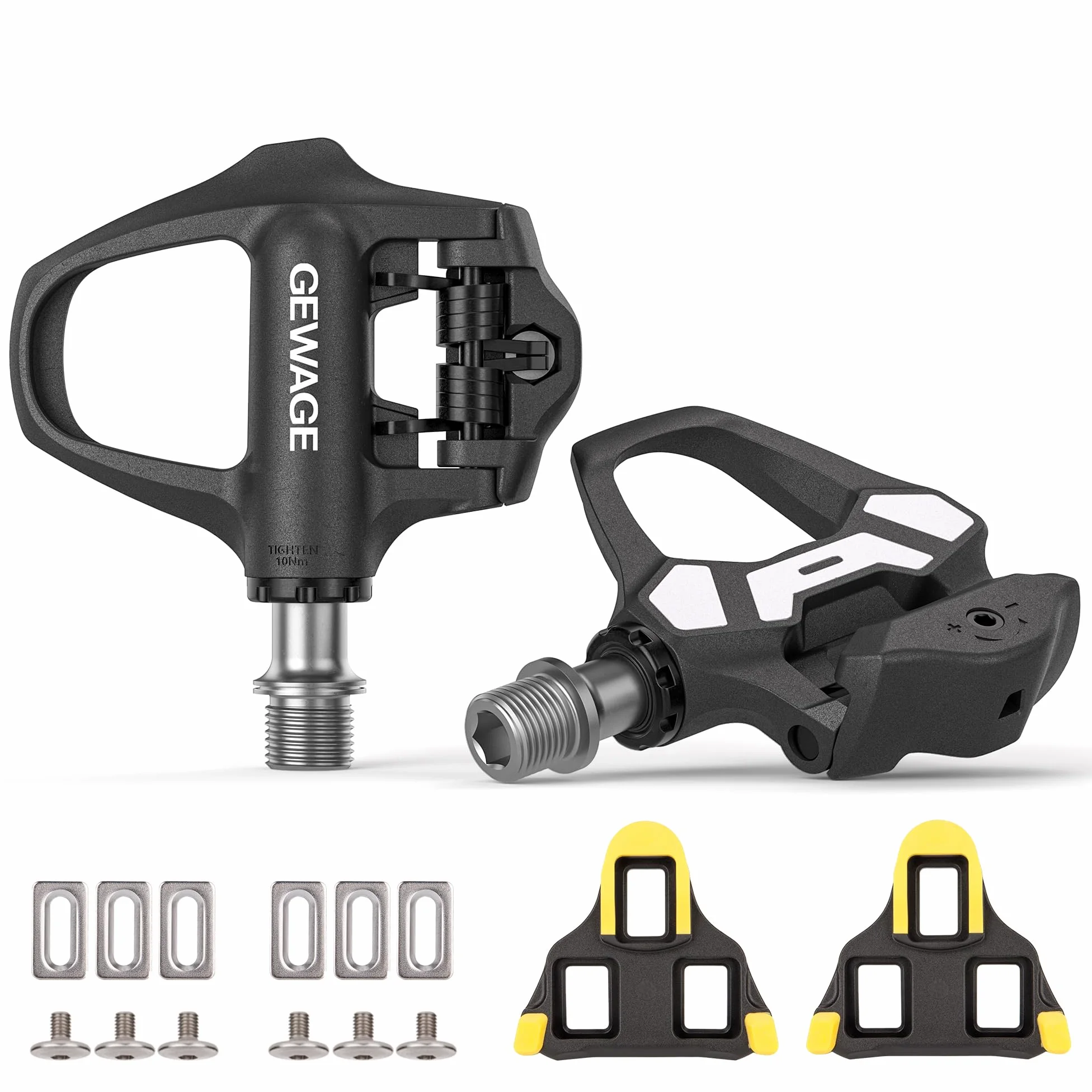 GEWAGE Pedales de carbono SPD-SL para bicicleta de carretera, carcasa de carbono ultraligera, tensión ajustable, plataforma ancha, incluye tacos y material de montaje, compatible con Shimano SM-SH10