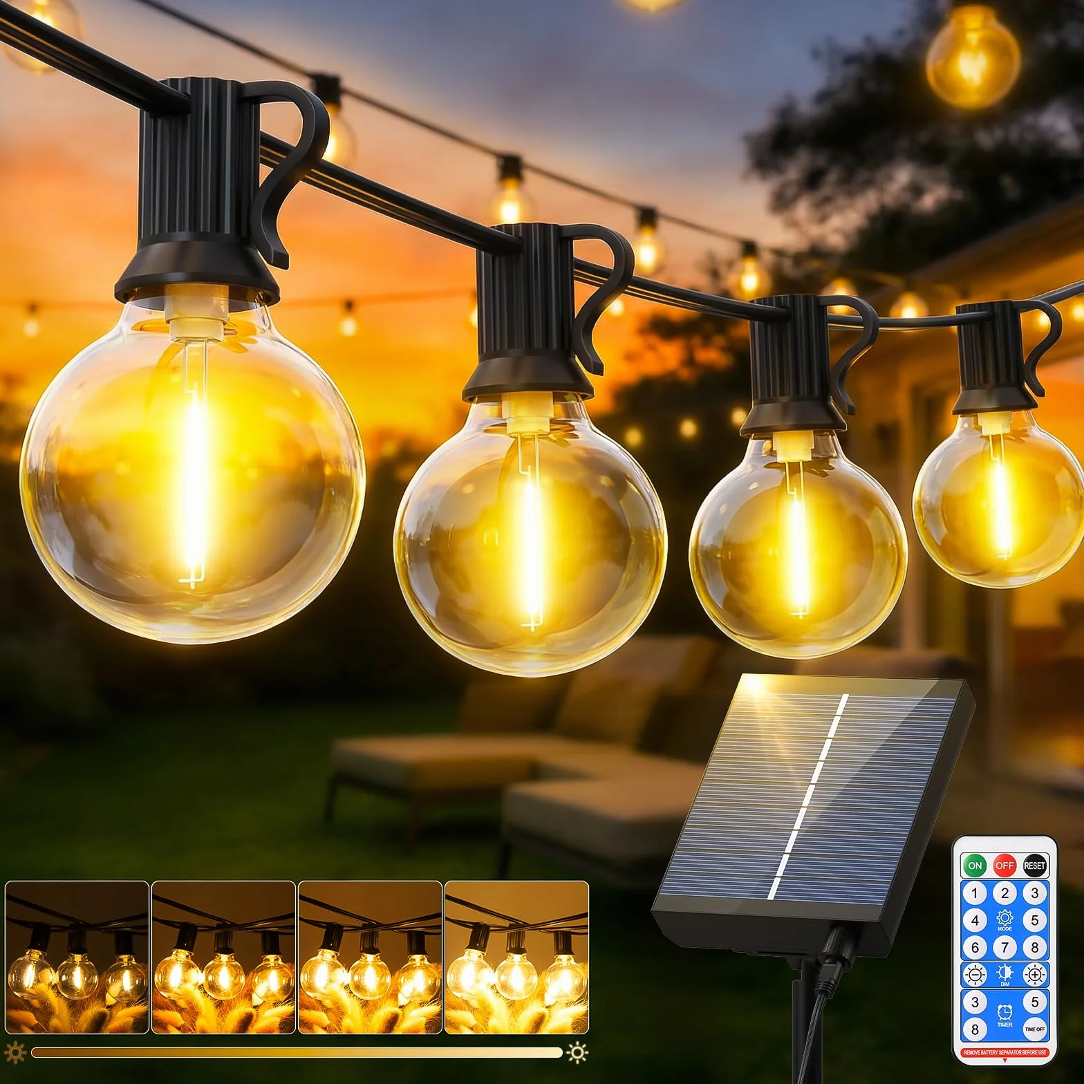 Solares Guirnalda Luces Exterior Jardin 15M LED Regulable Control Remoto G40