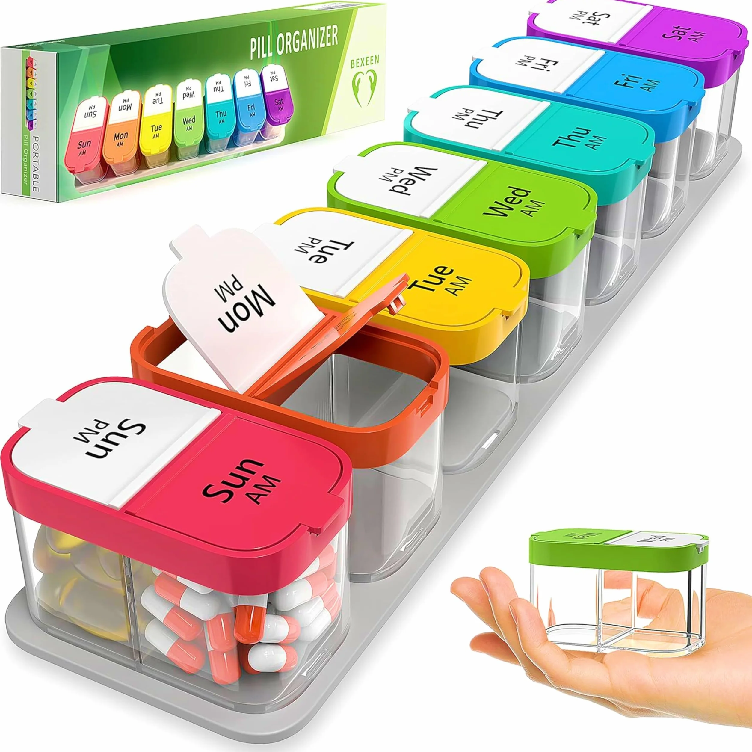 Organizador semanal XL de píldoras con 7 compartimentos desmontables AM/PM, dispensador portátil