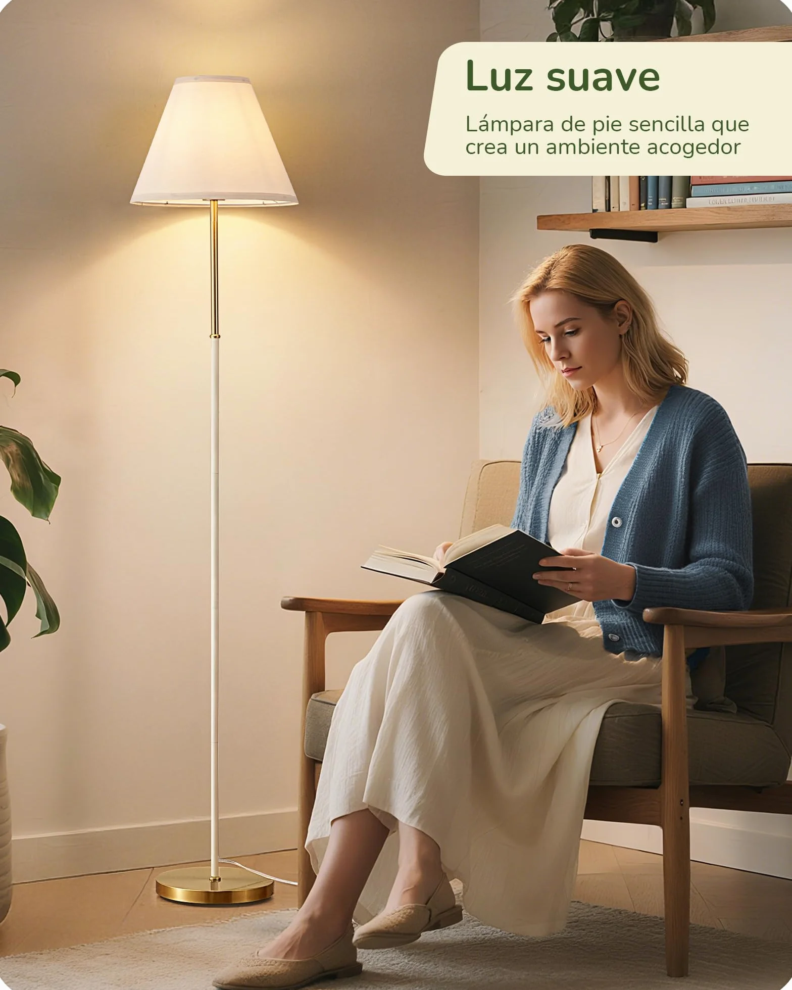 EDISHINE Lámpara de Pie Retro, Pantalla Algodón-Lino, Estructura Metálica, Bombilla LED 2700K Incluida, E27
