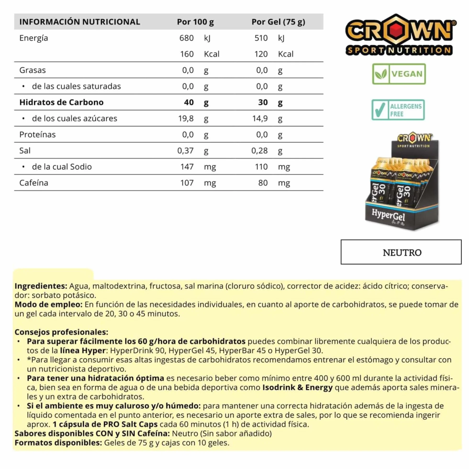 Crown Sport Nutrition HyperGel 30 Gel Energético Running Ciclismo 30 g Carbohidratos Cafeína 80 mg Sodio 110 mg Sin Aditivos Vegano
