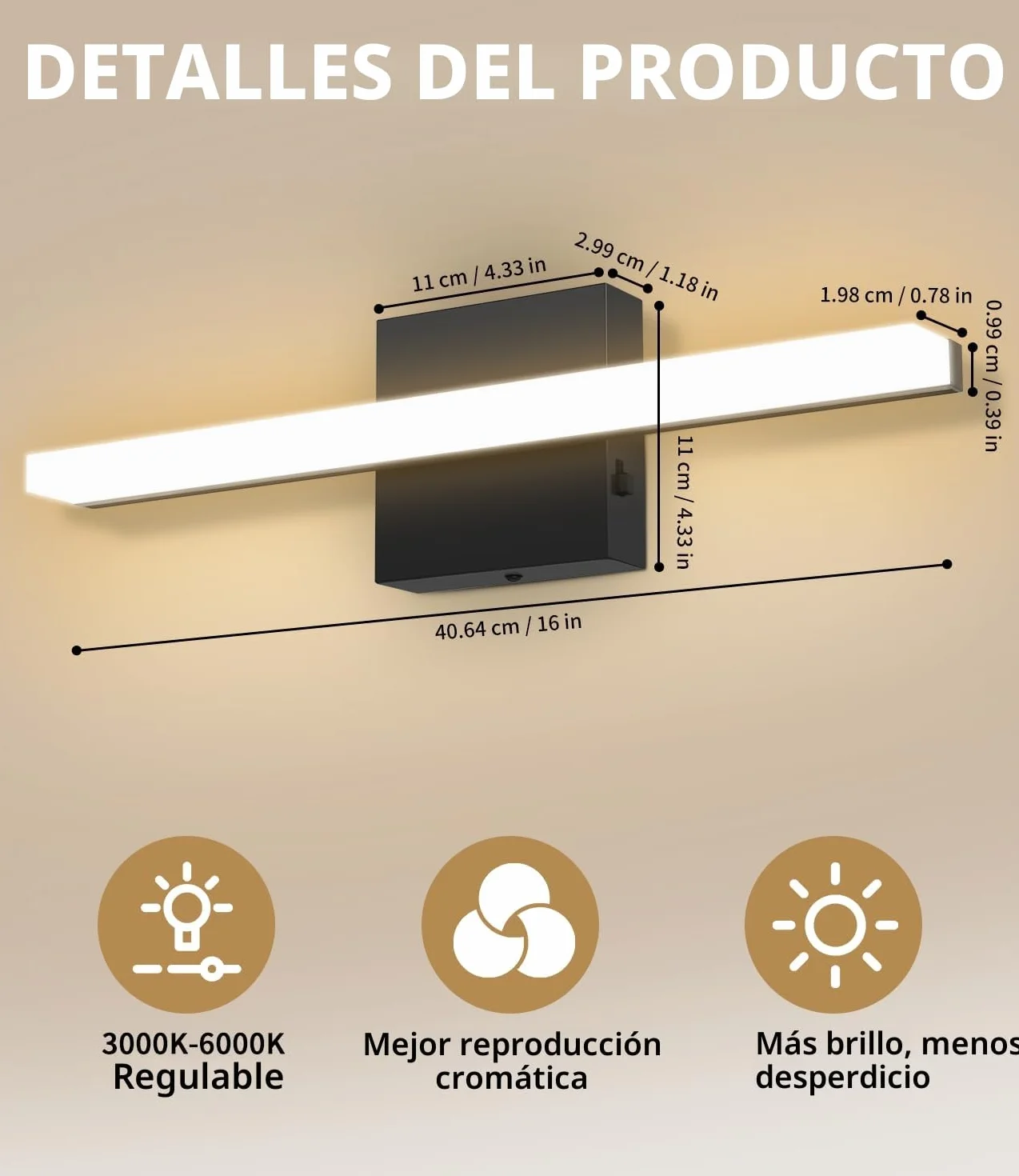 Lámpara de Espejo para Baño 40CM LED 3000-6000K Control de Color Aplique Acrílica Pared Moderna