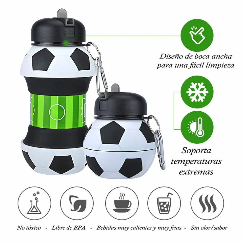 Botella de agua plegable para niños y niñas sin bpa. Cantimplora infantil para camping, personalizada con tu deporte. Balón de agua compacto para regalo original (Futbol)