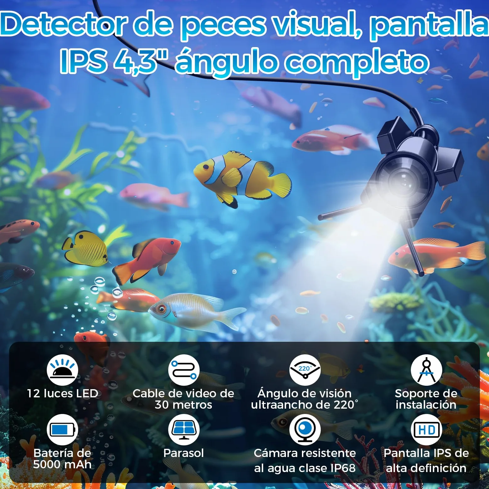 Sonda de Pesca, 1080P HD Cámara de Pesca Submarina IP68 | Pantalla IPS HD de 4,3 Pulgadas 15m Cable, Función de Penetración en Aguas Turbias para Pesca en el Mar Pesca Río Pesca Hielo