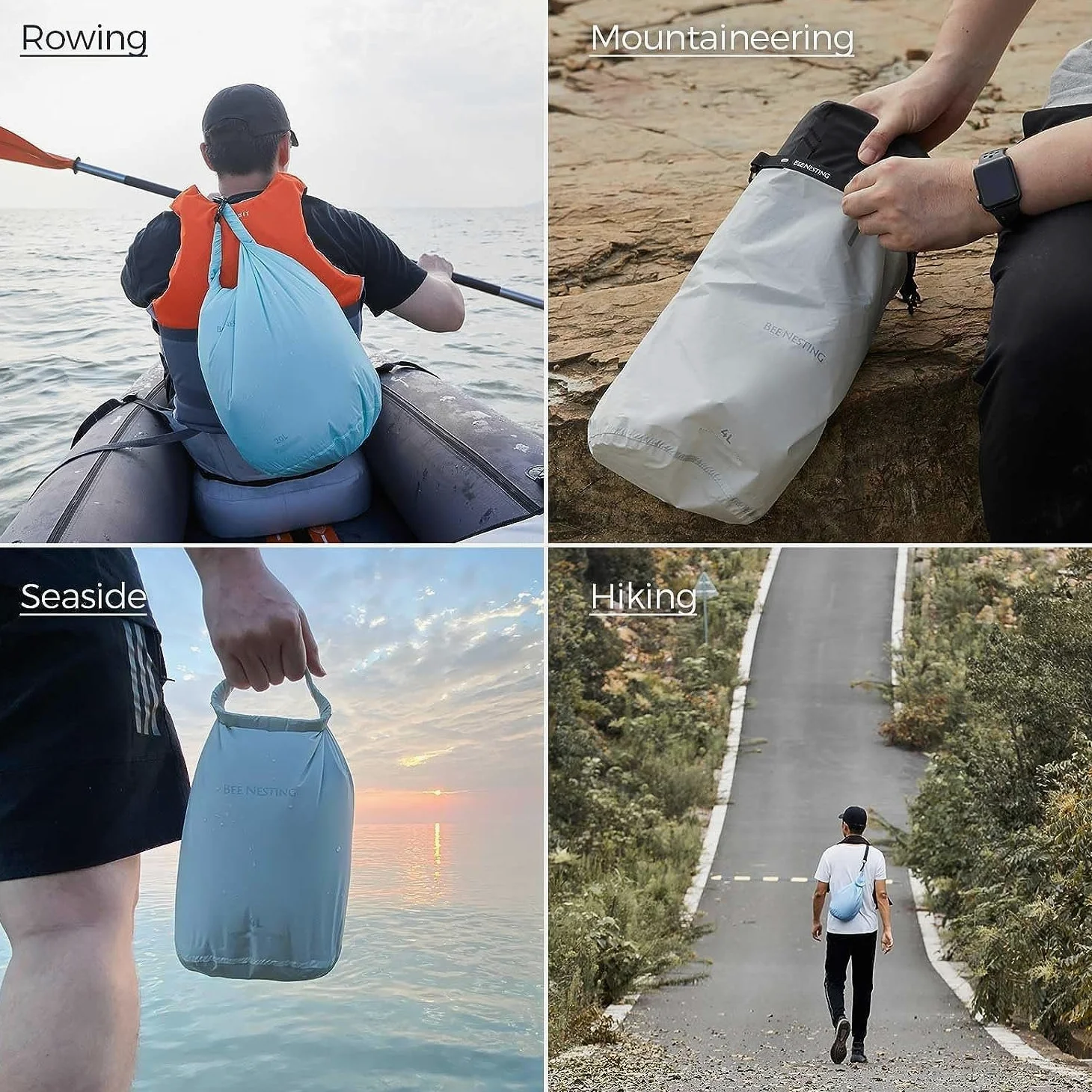 Bee Nesting Juego de Bolsas secas ultraligeras para mochileros, Saco seco Impermeable para Camping, Senderismo, Motocicleta, Juego de 3 Bolsas Ligeras, Gris, 2L 4L 8L Strap, 12 l y 20 l