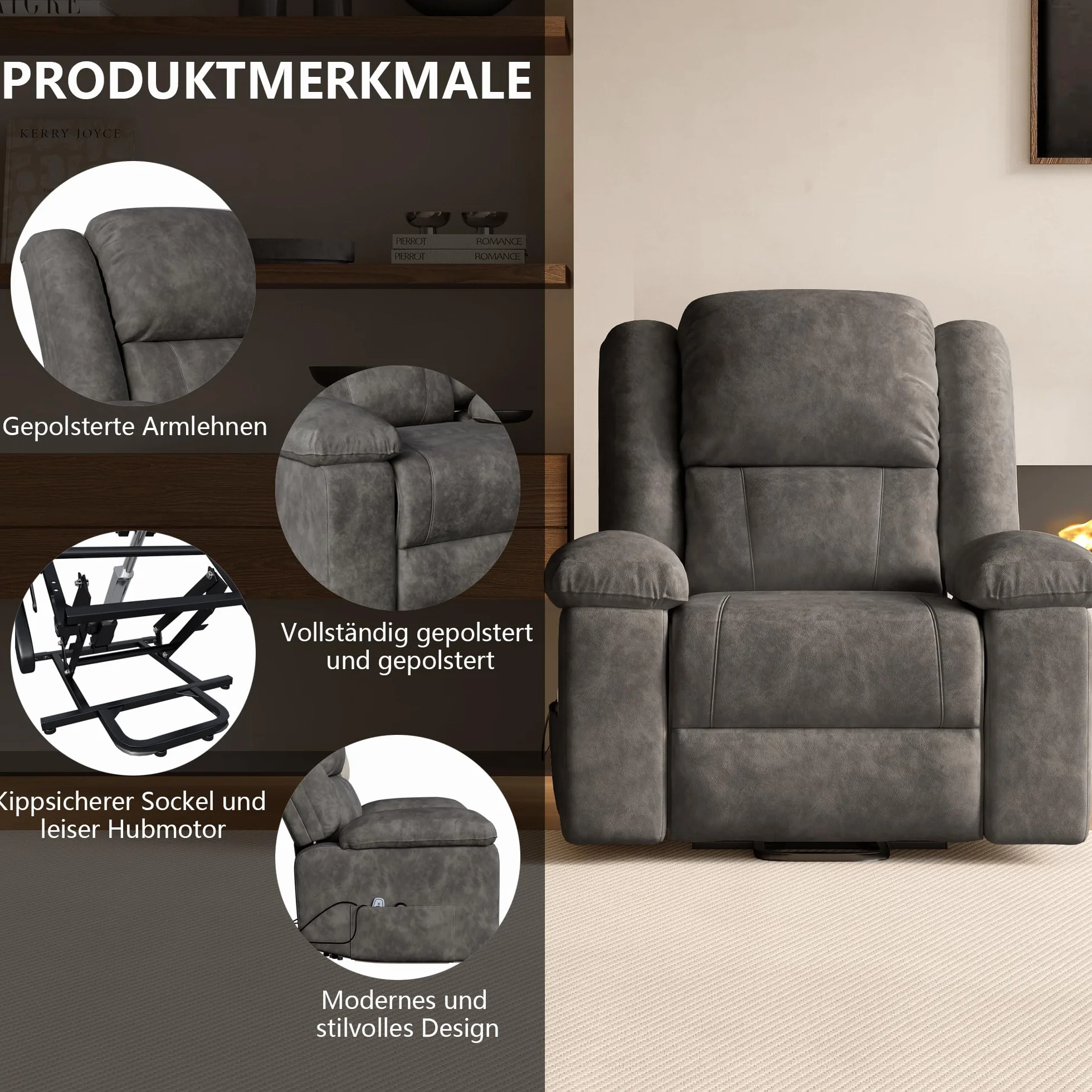 Sillón Reclinable Eléctrico con Calefacción y Masaje, Gris