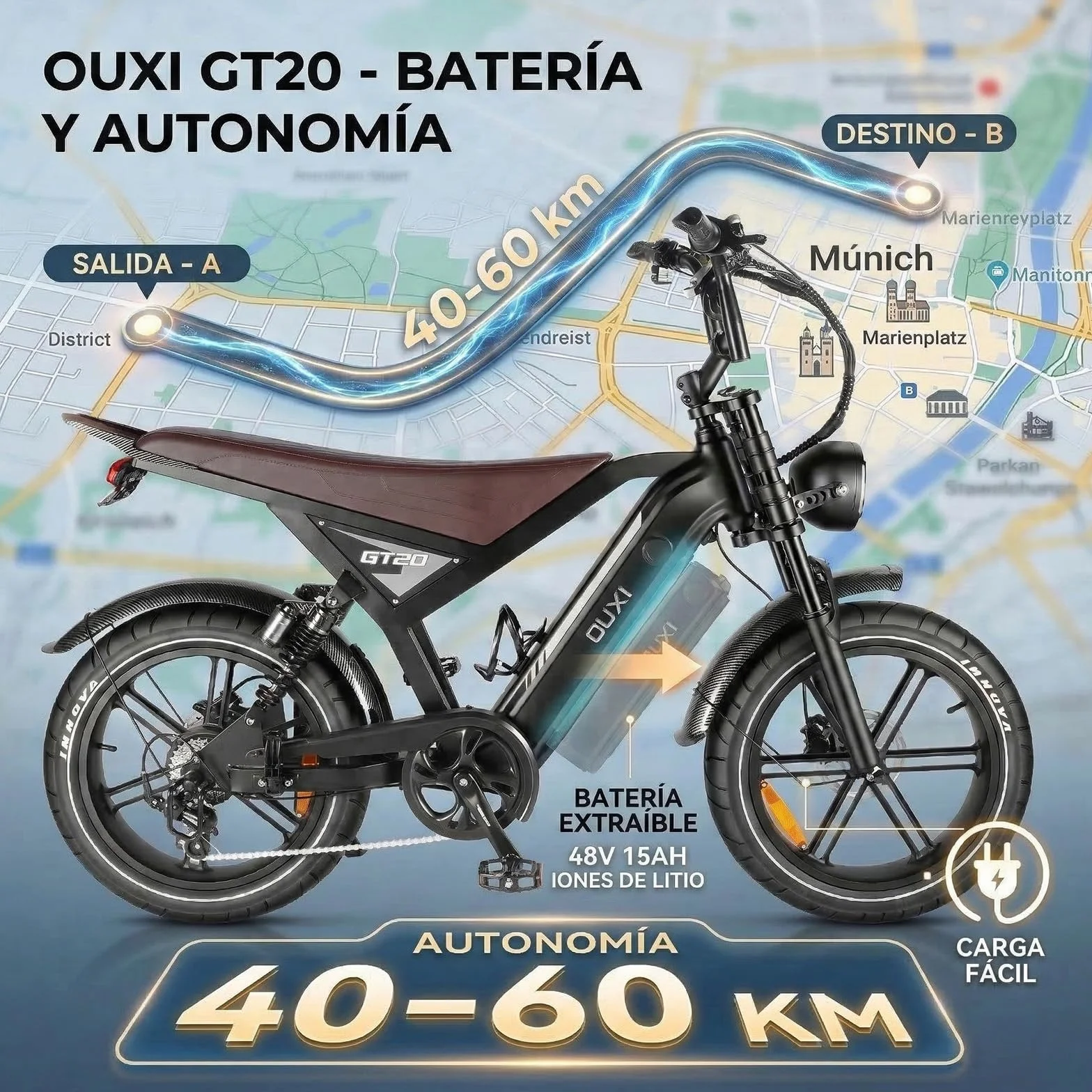 OUXI Bicicleta Eléctrica Adulto, E-Bike Fat Tire 20" x 4.0 Pulgadas, Motor Potente 60Nm, Batería 48V 15Ah, Frenos de Disco Hidráulicos, Doble Suspensión y Luces de Giro, Autonomía 30-60km