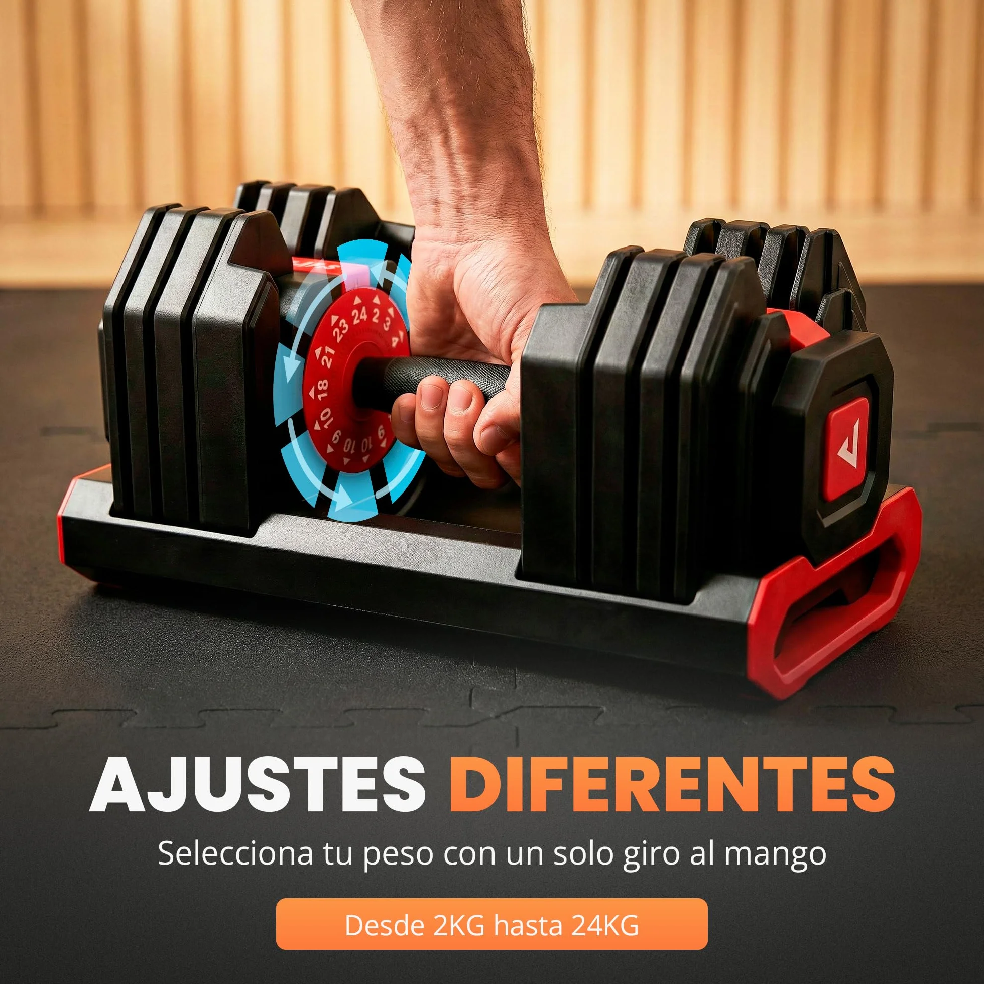 JUPPLIES Mancuerna Ajustable Hasta 24 kg – Pesas Regulables 15 Niveles 2–24 kg con Ajuste Rápido, Bloqueo de Seguridad y Base Antideslizante, Ideal para Entrenamiento en Casa o Gimnasio
