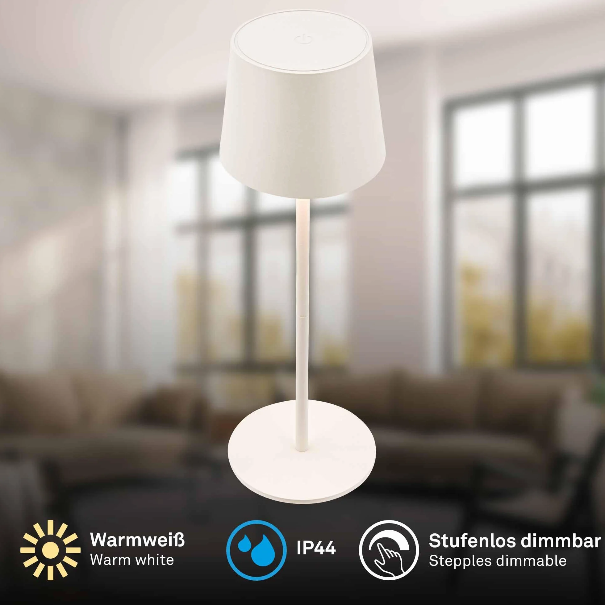 BRILONER Lámpara de mesa LED inalámbrica IP44 con sensor táctil regulable 11x33cm blanco antiguo