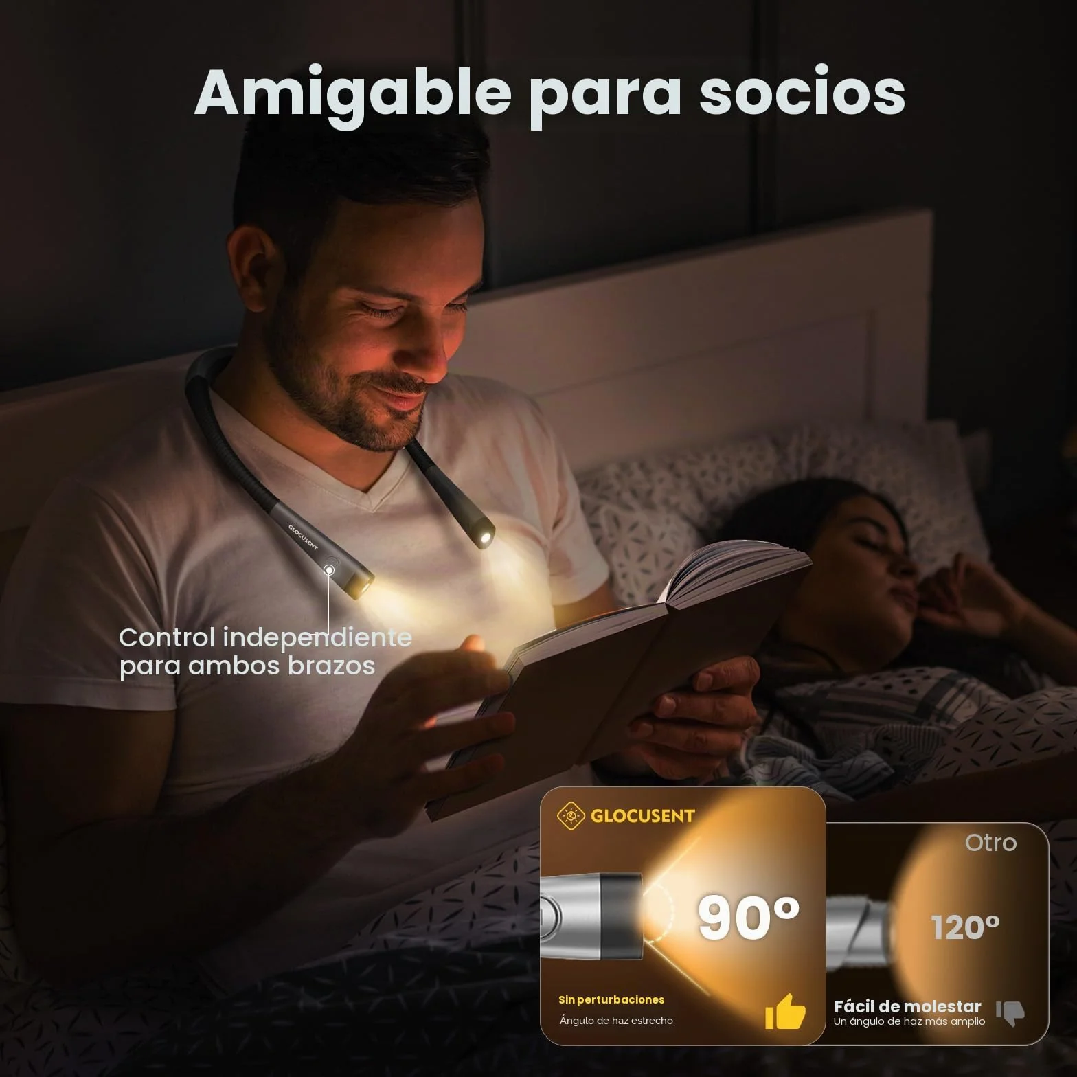 Glocusent Luz de Lectura, Lampara Recargable 3 Colores 6 Niveles Brazos Flexibles