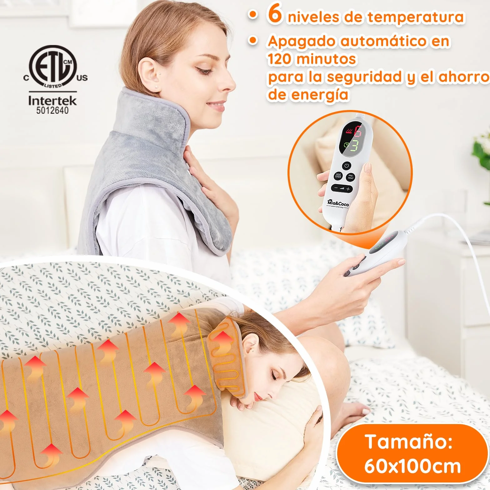 Almohadilla Térmica para Espalda y Cuello 60×100cm, 6 Niveles de Calor, Temporizador de Apagado Automático de 2 Horas, Calentamiento Rápido, Cinturón, Franela, Oficina y Hogar, Lavable a Máquina