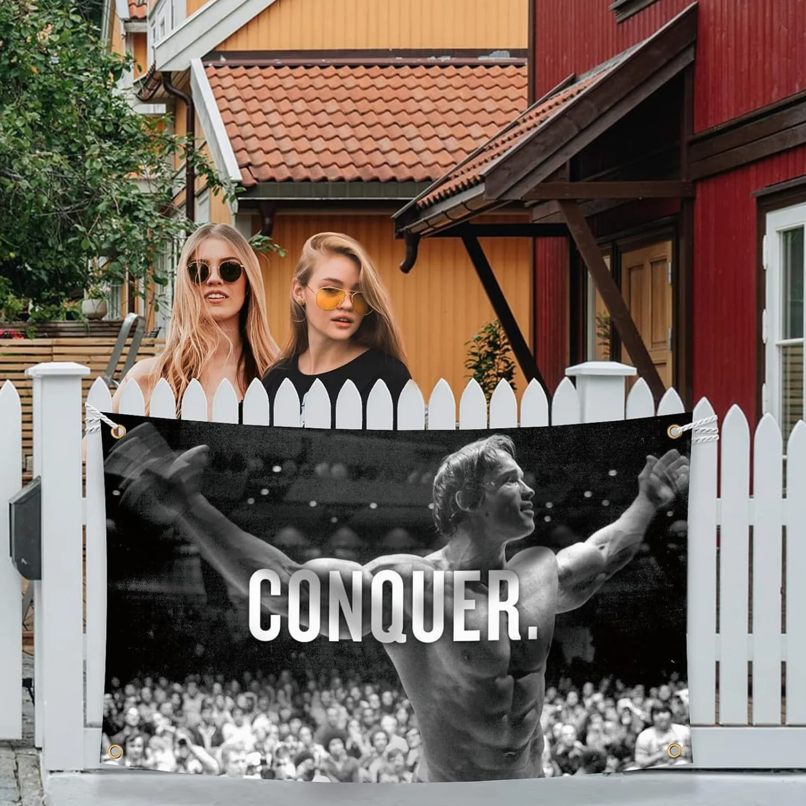 Bandera de Schwarzenegger, Motivación Gimnasio Divertido Póster de Fitness Poliéster 90 g con Ojales con Doble Aguja Cosida, para Dormitorio, Sala de Estar (90 x 150 cm)